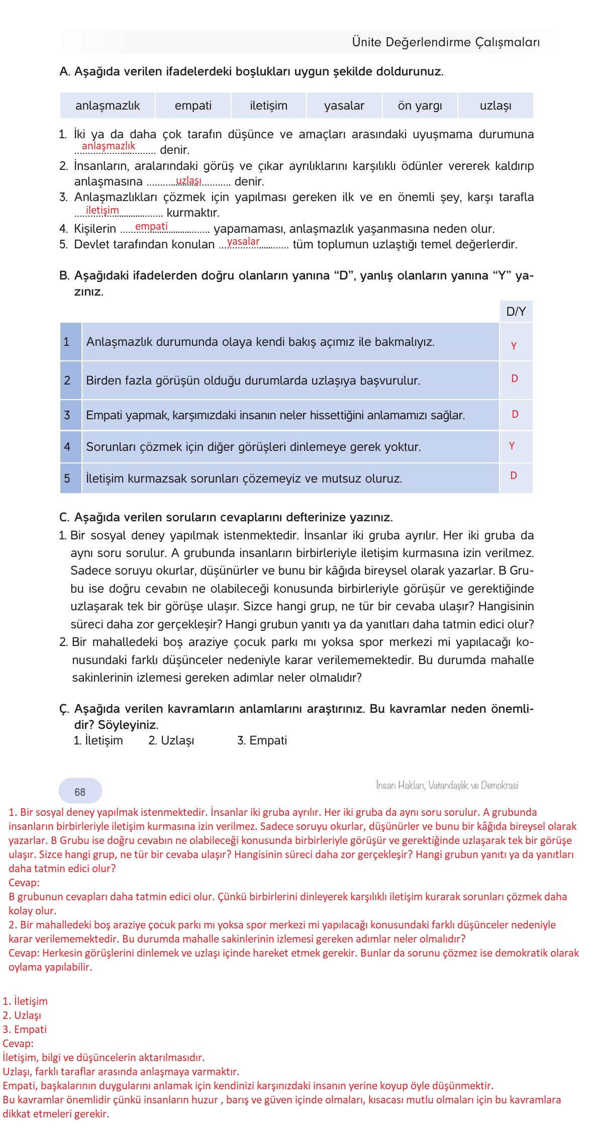 4. Sınıf Hecce Yayıncılık İnsan Hakları Yurttaşlık Ve Demokrasi Ders Kitabı Sayfa 68 Cevapları