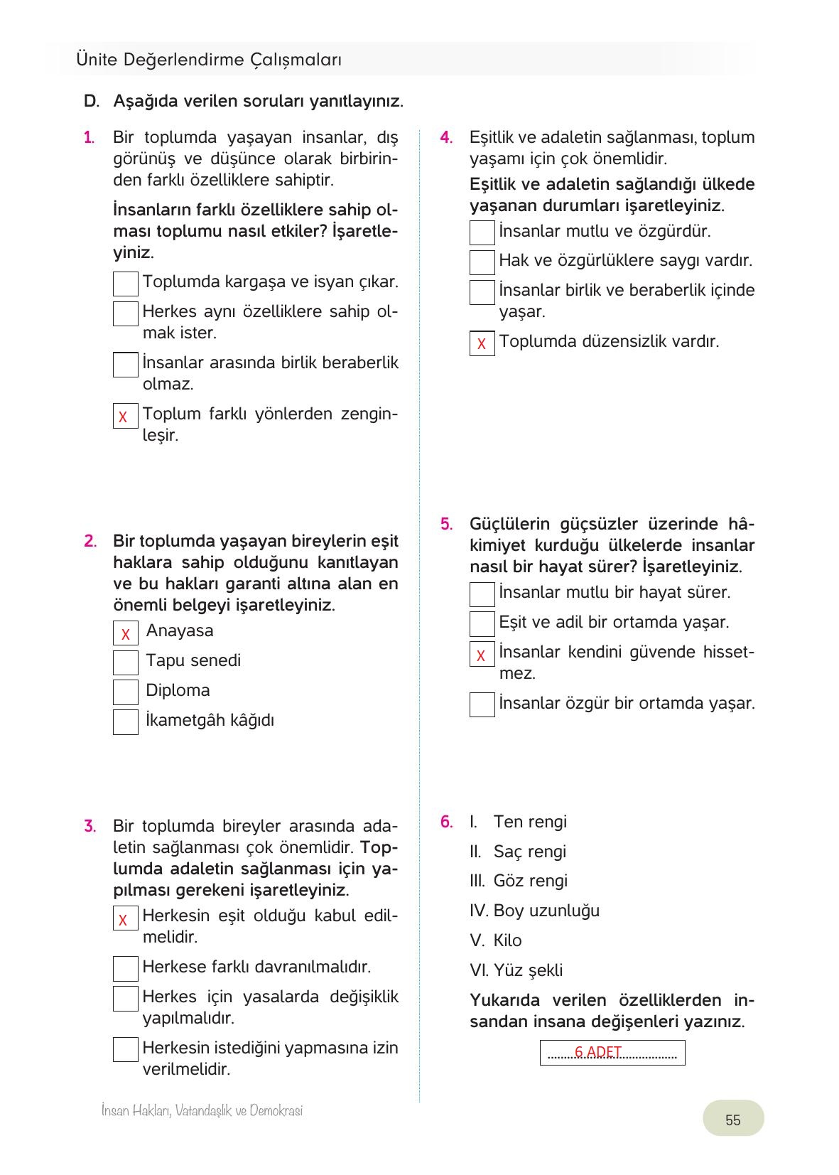 4. Sınıf Hecce Yayıncılık İnsan Hakları Yurttaşlık Ve Demokrasi Ders Kitabı Sayfa 55 Cevapları