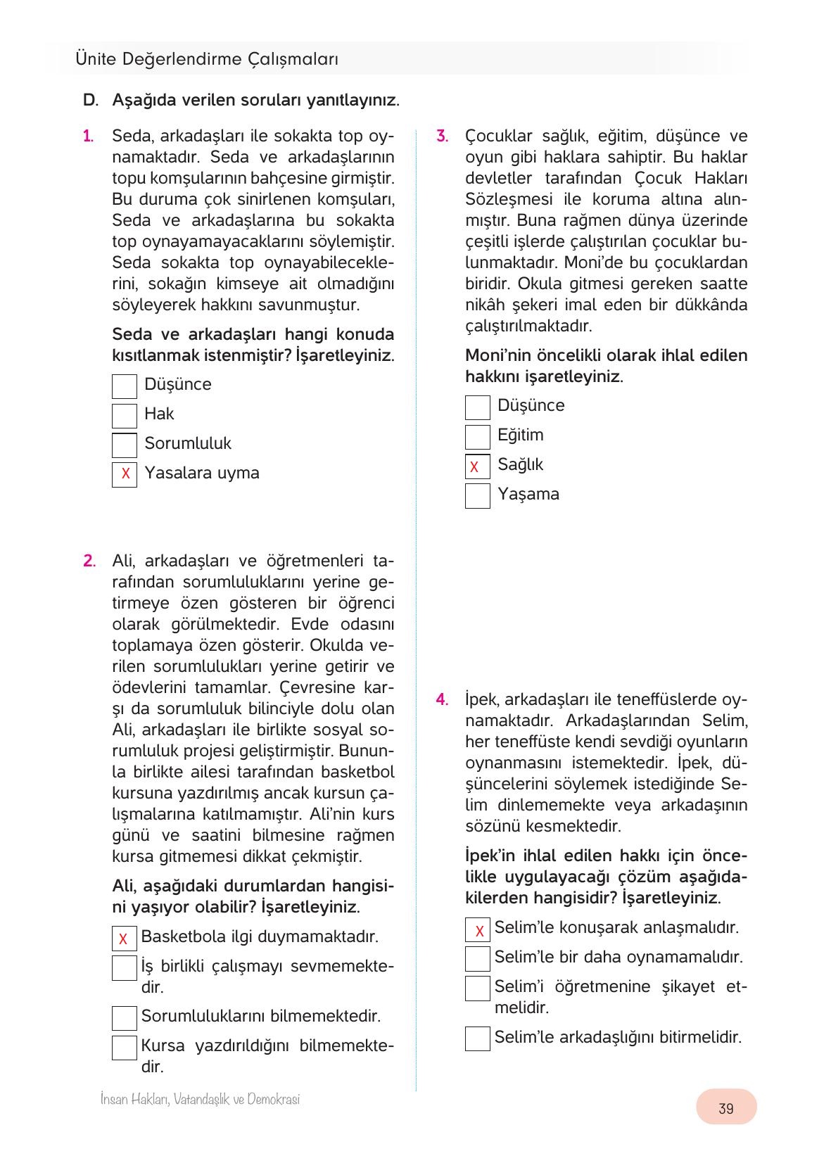 4. Sınıf Hecce Yayıncılık İnsan Hakları Yurttaşlık Ve Demokrasi Ders Kitabı Sayfa 39 Cevapları