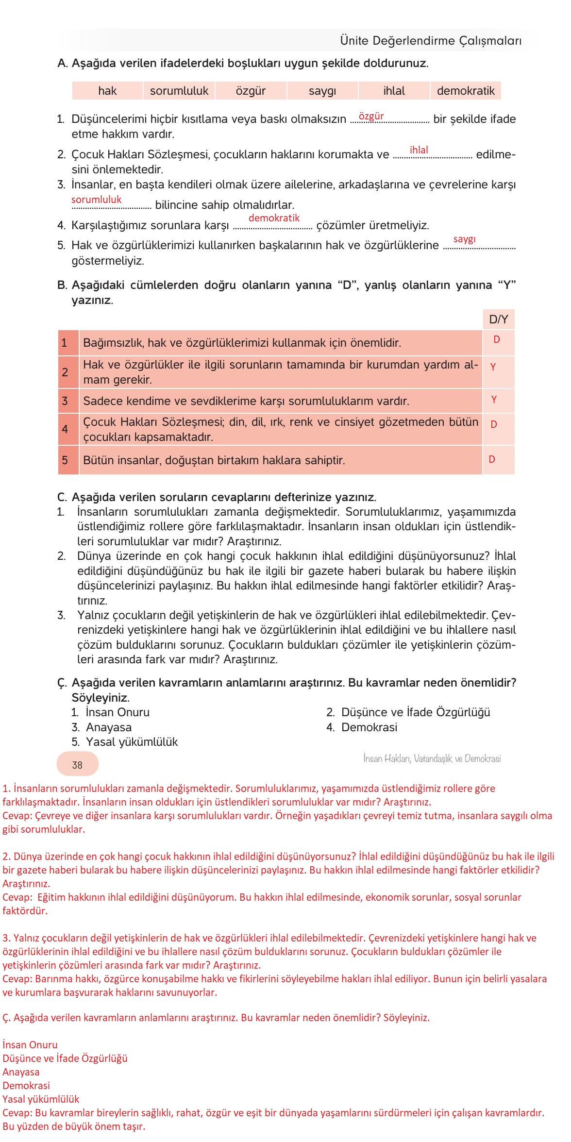 4. Sınıf Hecce Yayıncılık İnsan Hakları Yurttaşlık Ve Demokrasi Ders Kitabı Sayfa 38 Cevapları