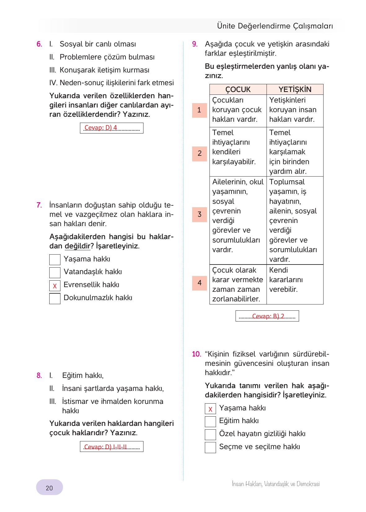 4. Sınıf Hecce Yayıncılık İnsan Hakları Yurttaşlık Ve Demokrasi Ders Kitabı Sayfa 20 Cevapları