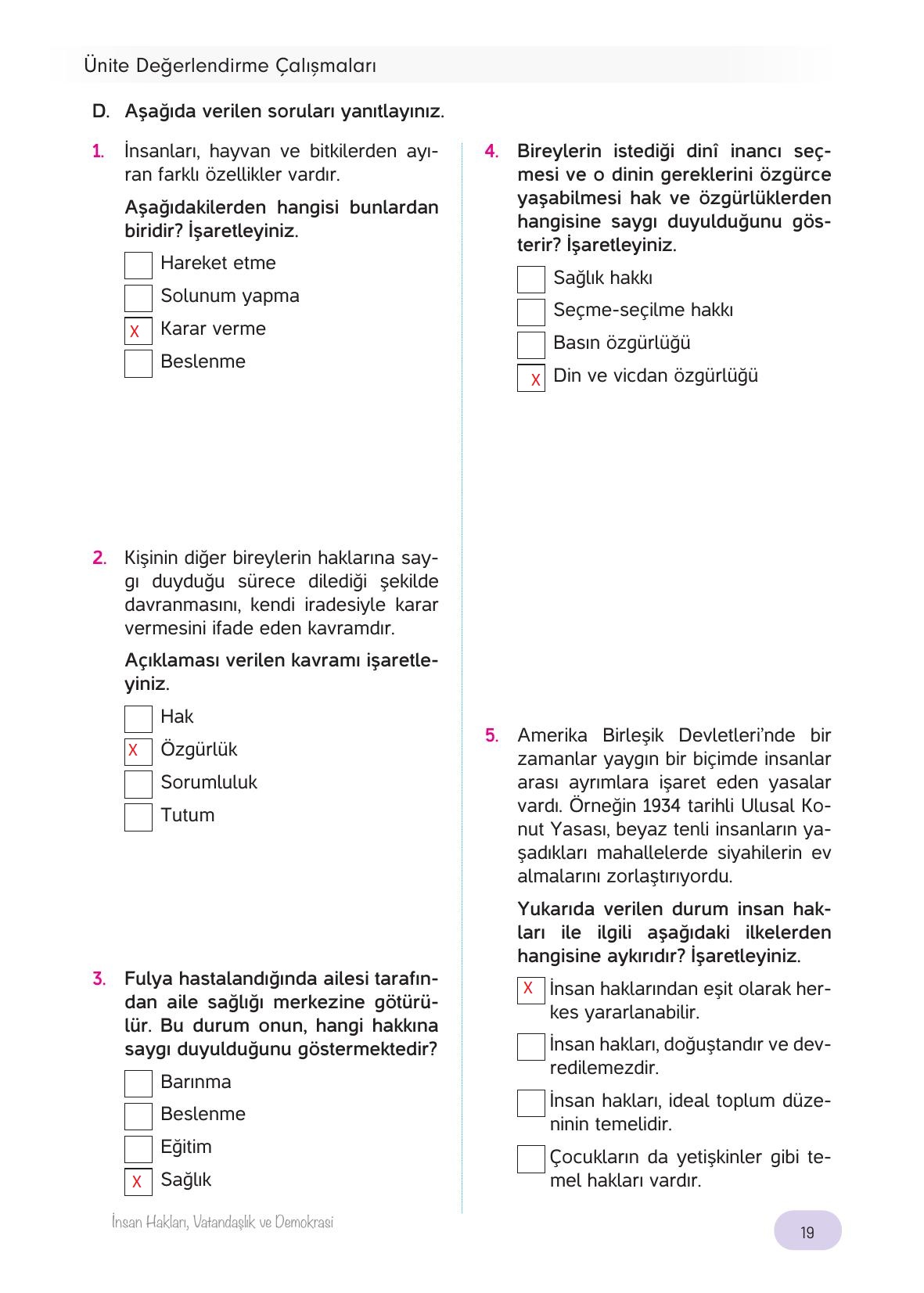 4. Sınıf Hecce Yayıncılık İnsan Hakları Yurttaşlık Ve Demokrasi Ders Kitabı Sayfa 19 Cevapları