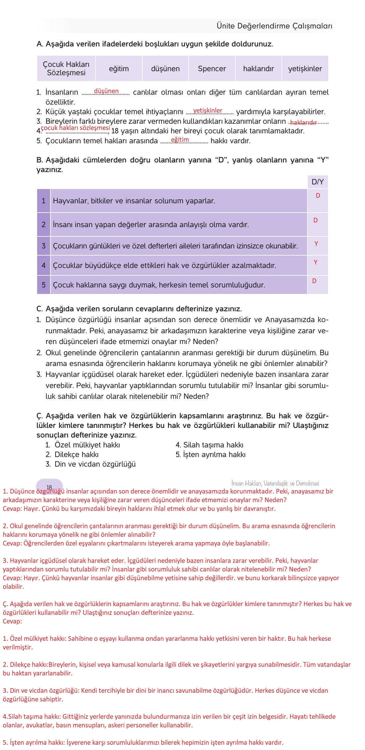 4. Sınıf Hecce Yayıncılık İnsan Hakları Yurttaşlık Ve Demokrasi Ders Kitabı Sayfa 18 Cevapları