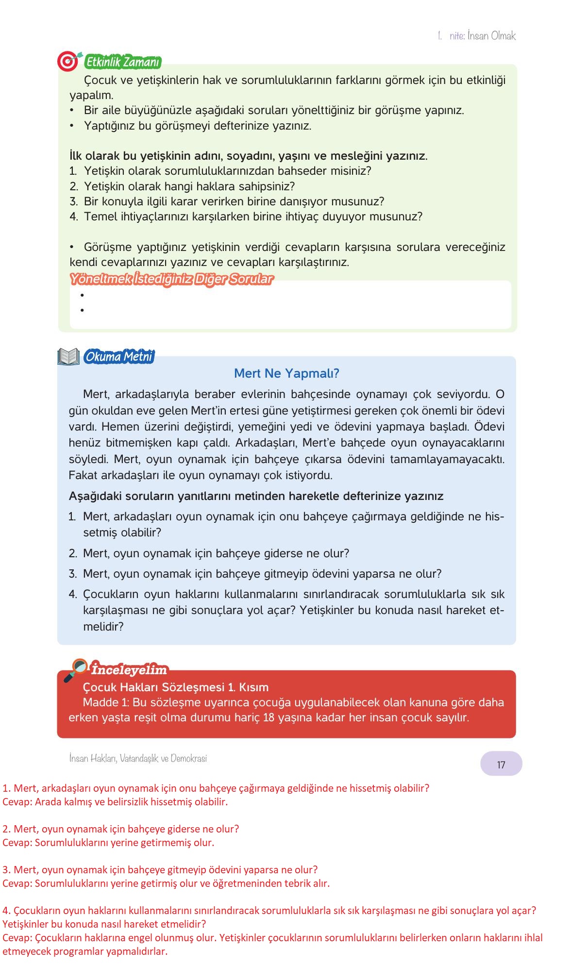 4. Sınıf Hecce Yayıncılık İnsan Hakları Yurttaşlık Ve Demokrasi Ders Kitabı Sayfa 17 Cevapları
