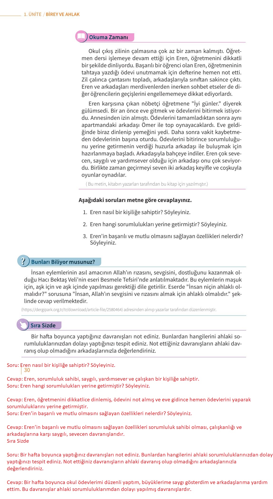 7. Sınıf Meb Yayınları Ahlak Ve Vatandaşlık Eğitimi Ders Kitabı Sayfa 30 Cevapları