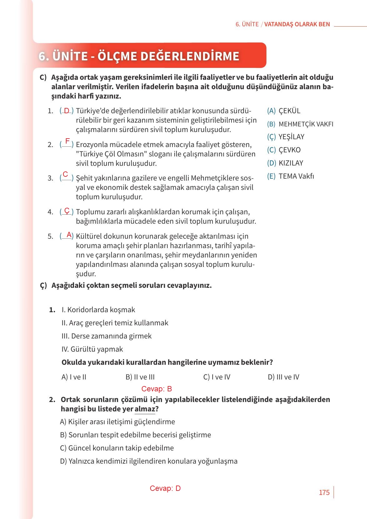 5. Sınıf Meb Yayınları 2. Kitap Ahlak Ve Vatandaşlık Eğitimi Ders Kitabı Sayfa 175 Cevapları