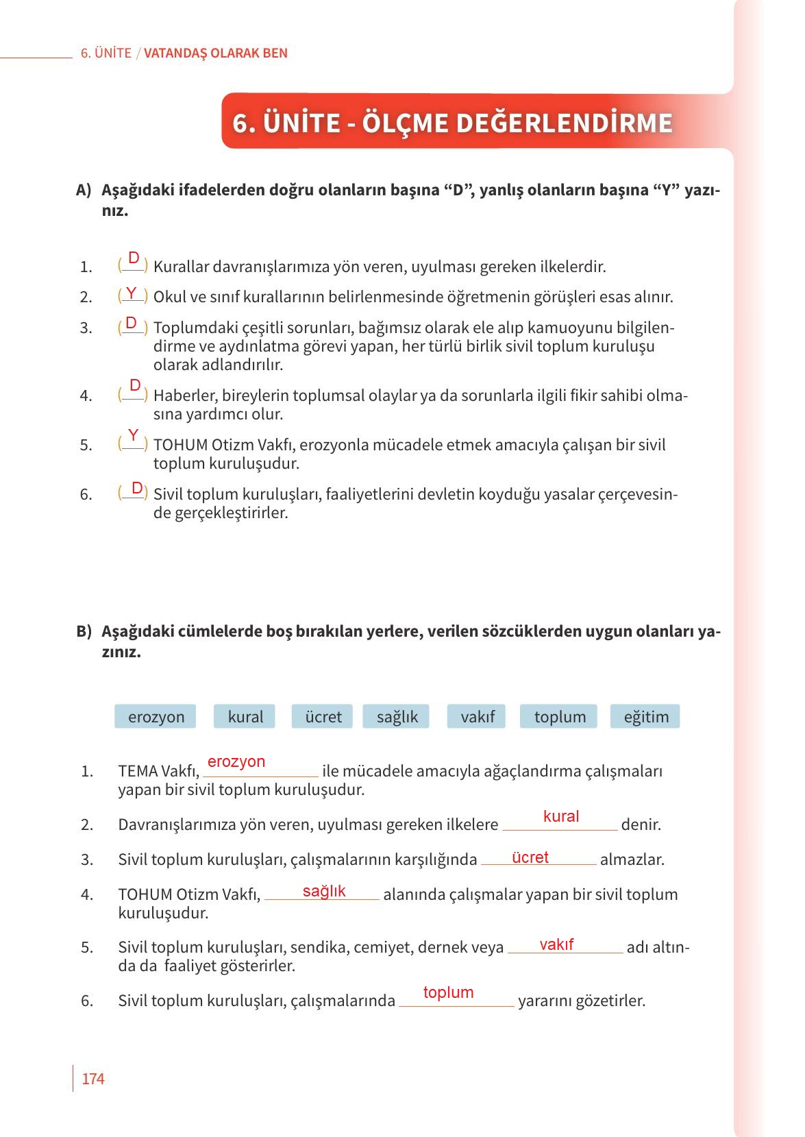 5. Sınıf Meb Yayınları 2. Kitap Ahlak Ve Vatandaşlık Eğitimi Ders Kitabı Sayfa 174 Cevapları