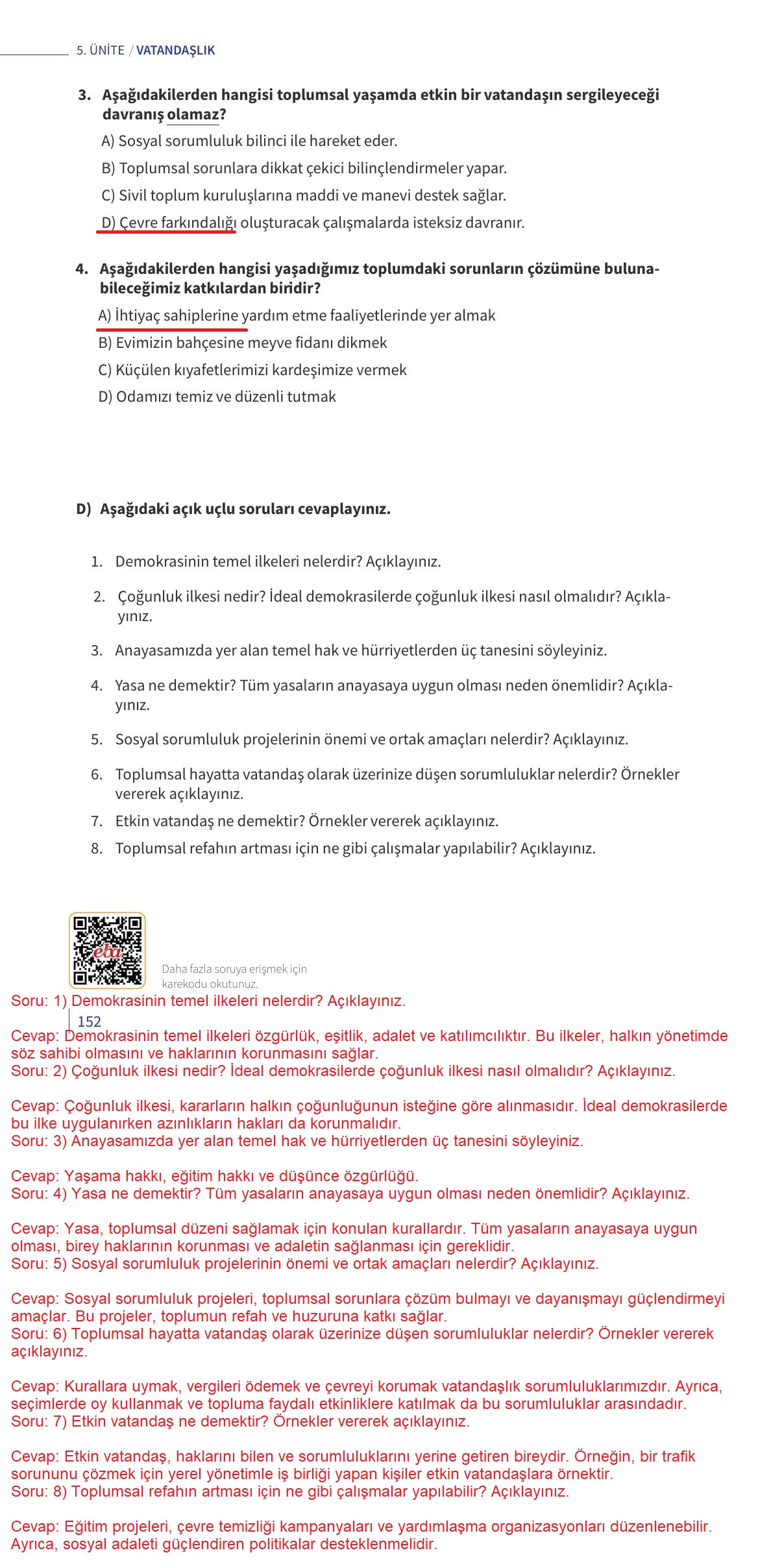 5. Sınıf Meb Yayınları 2. Kitap Ahlak Ve Vatandaşlık Eğitimi Ders Kitabı Sayfa 152 Cevapları