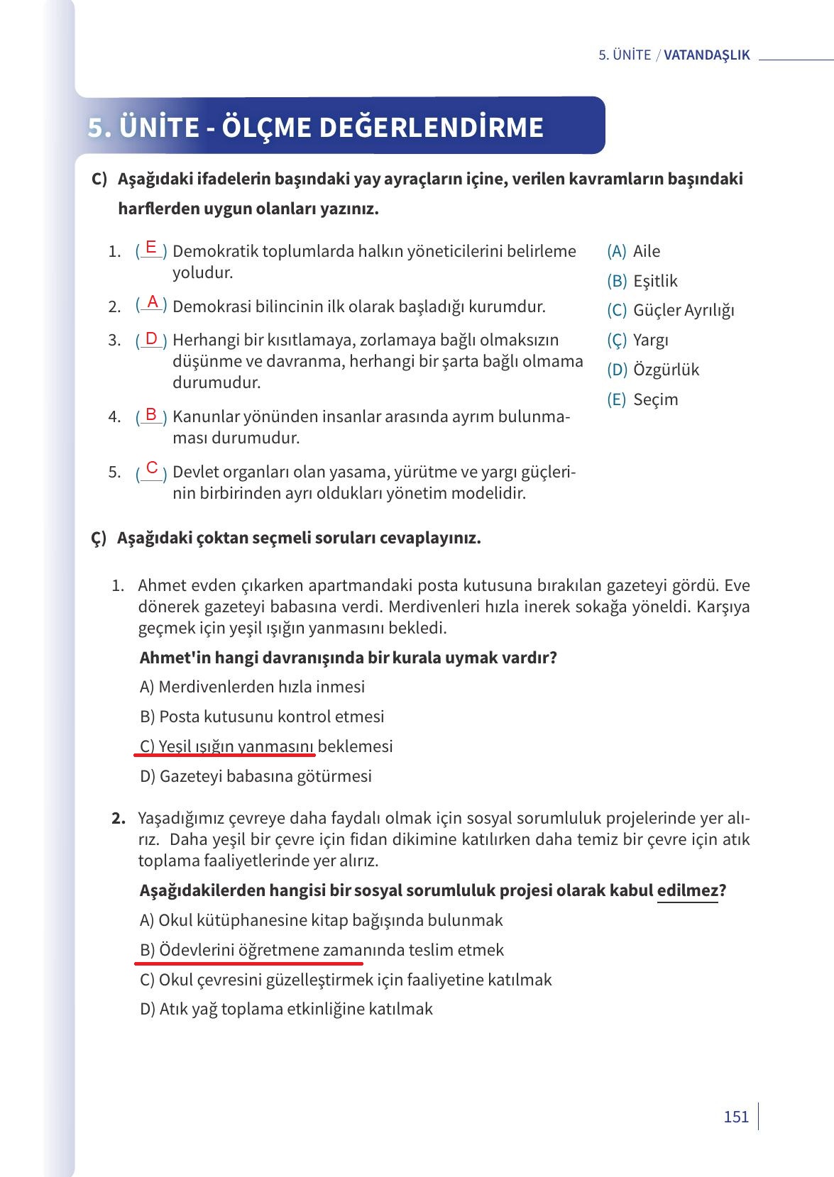 5. Sınıf Meb Yayınları 2. Kitap Ahlak Ve Vatandaşlık Eğitimi Ders Kitabı Sayfa 151 Cevapları