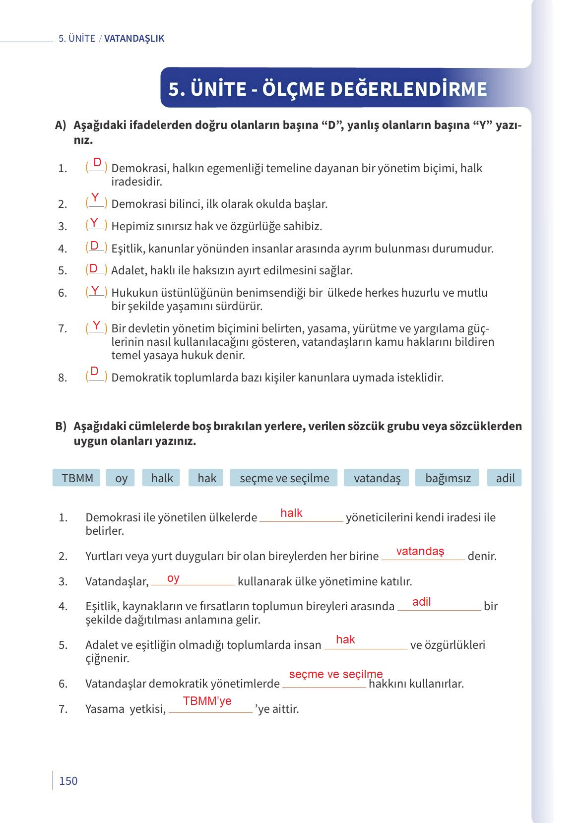 5. Sınıf Meb Yayınları 2. Kitap Ahlak Ve Vatandaşlık Eğitimi Ders Kitabı Sayfa 150 Cevapları