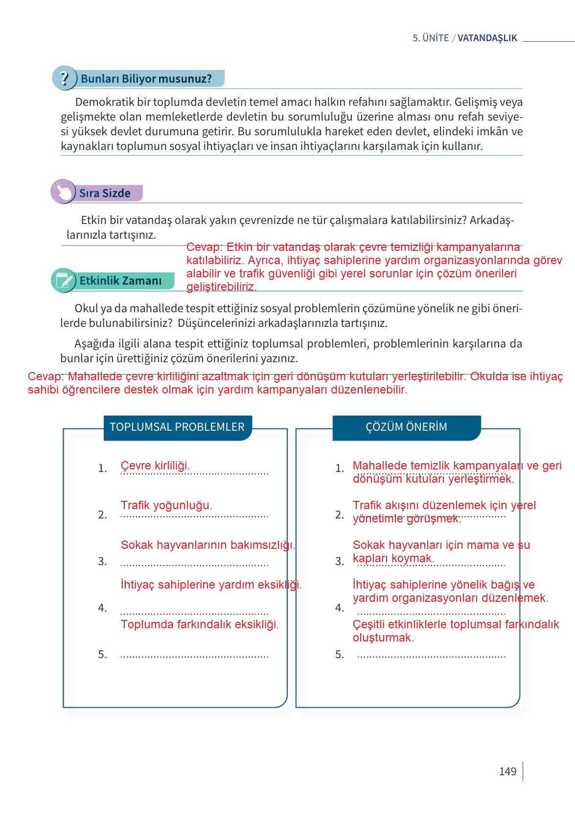 5. Sınıf Meb Yayınları 2. Kitap Ahlak Ve Vatandaşlık Eğitimi Ders Kitabı Sayfa 149 Cevapları