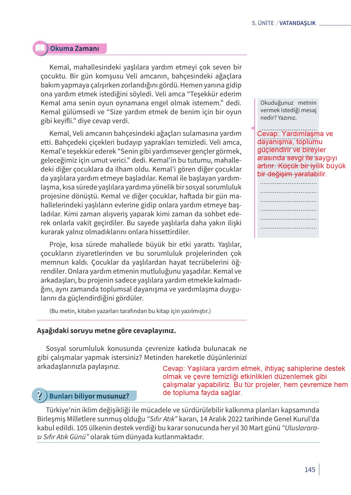 5. Sınıf Meb Yayınları 2. Kitap Ahlak Ve Vatandaşlık Eğitimi Ders Kitabı Sayfa 145 Cevapları