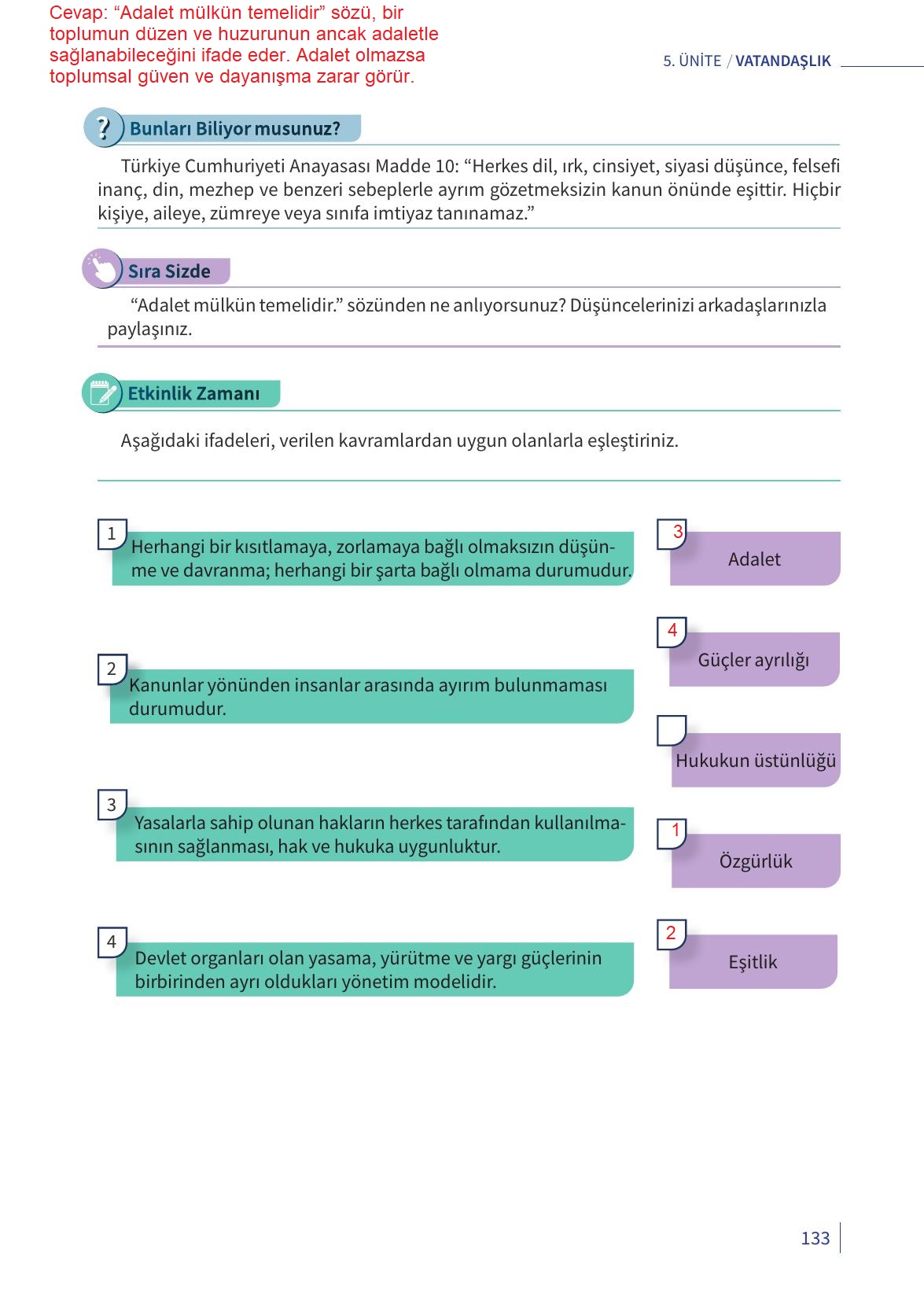 5. Sınıf Meb Yayınları 2. Kitap Ahlak Ve Vatandaşlık Eğitimi Ders Kitabı Sayfa 133 Cevapları