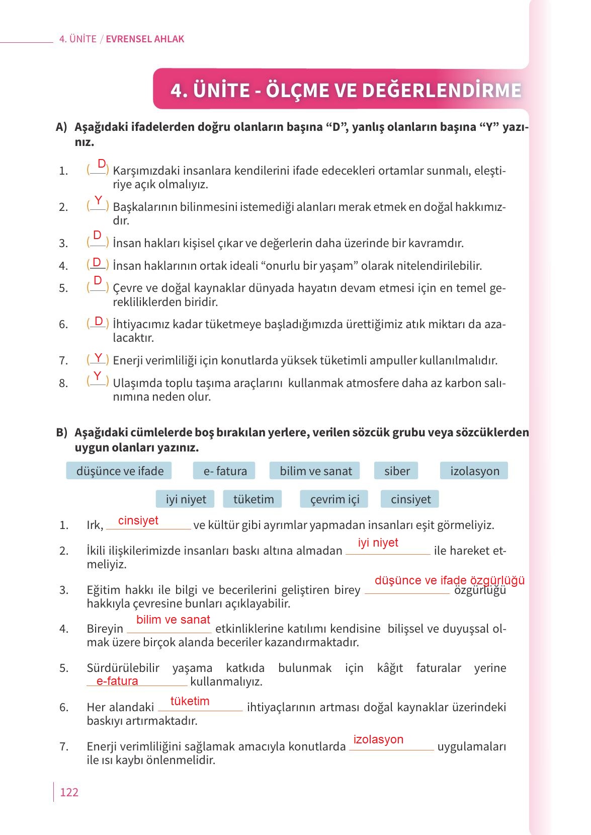 5. Sınıf Meb Yayınları 2. Kitap Ahlak Ve Vatandaşlık Eğitimi Ders Kitabı Sayfa 122 Cevapları