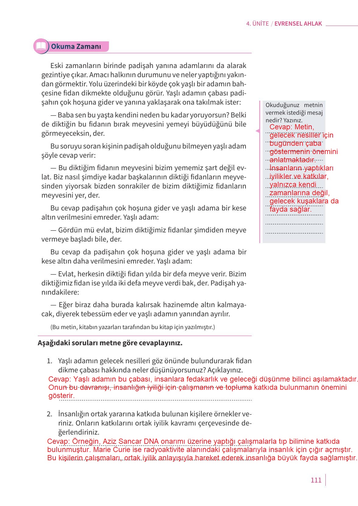 5. Sınıf Meb Yayınları 2. Kitap Ahlak Ve Vatandaşlık Eğitimi Ders Kitabı Sayfa 111 Cevapları