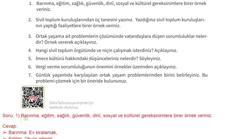 5. Sınıf Meb Yayınları 2. Kitap Ahlak Ve Vatandaşlık Eğitimi Ders Kitabı Sayfa 92 Cevapları