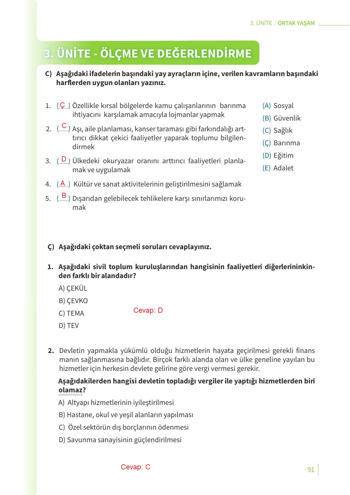 5. Sınıf Meb Yayınları 2. Kitap Ahlak Ve Vatandaşlık Eğitimi Ders Kitabı Sayfa 91 Cevapları