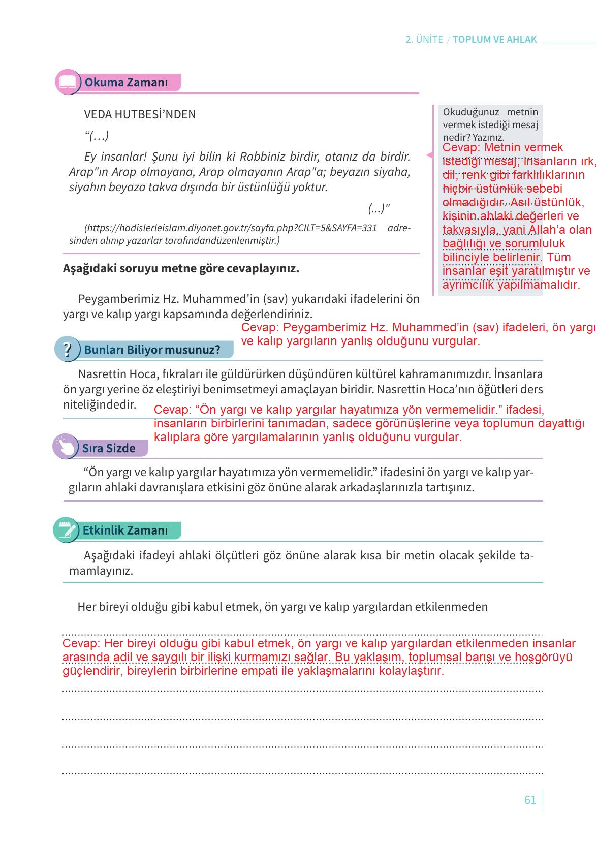 6. Sınıf Meb Yayınları 2. Kitap Ahlak Ve Vatandaşlık Eğitimi Ders Kitabı Sayfa 61 Cevapları