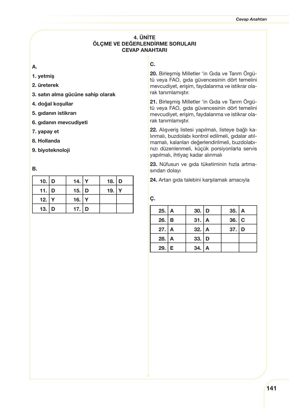 10. Sınıf Meb Yayınları Sürdürülebilir Tarım Ve Gıda Güvenliği Ders Kitabı Sayfa 141 Cevapları