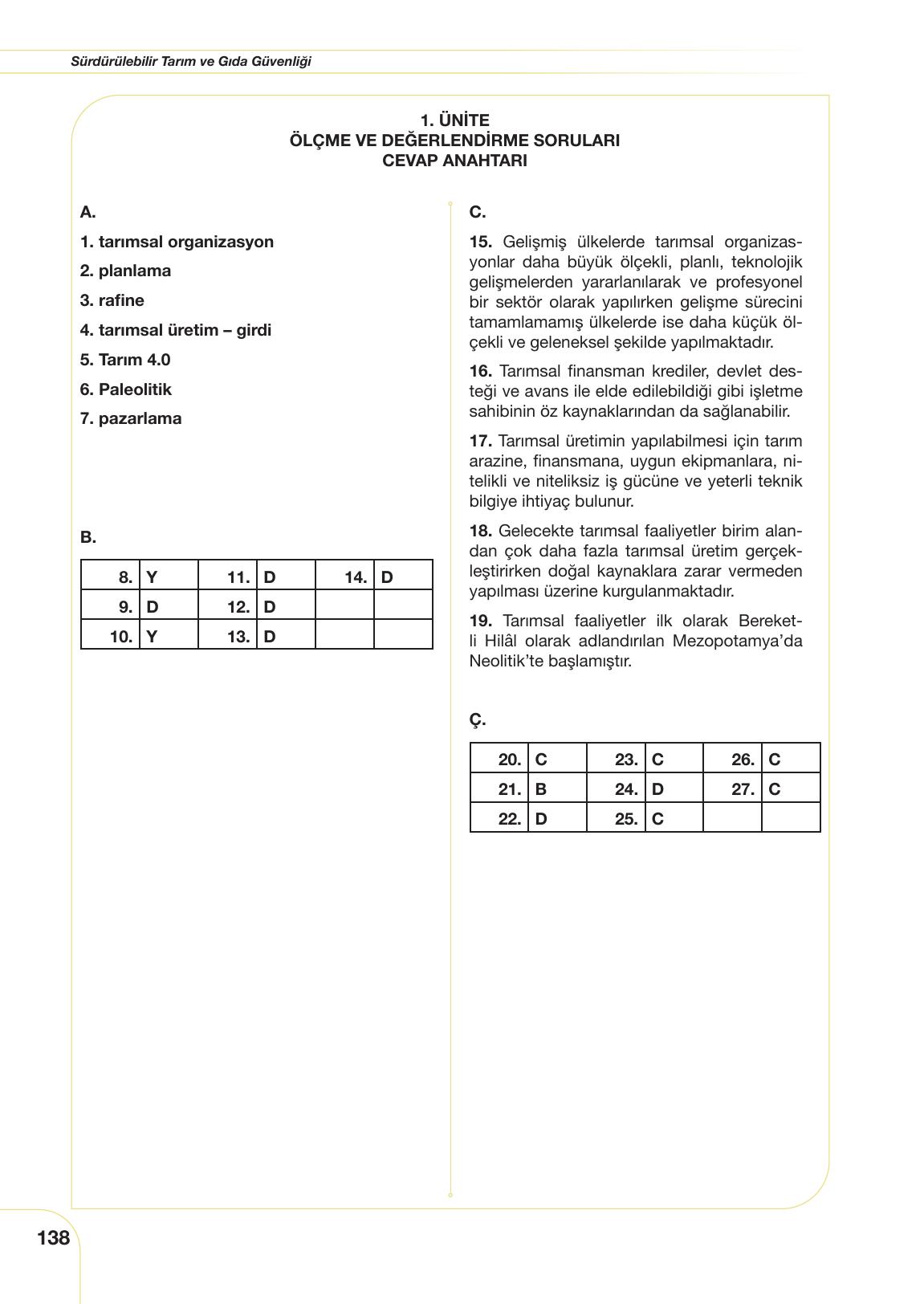 10. Sınıf Meb Yayınları Sürdürülebilir Tarım Ve Gıda Güvenliği Ders Kitabı Sayfa 138 Cevapları