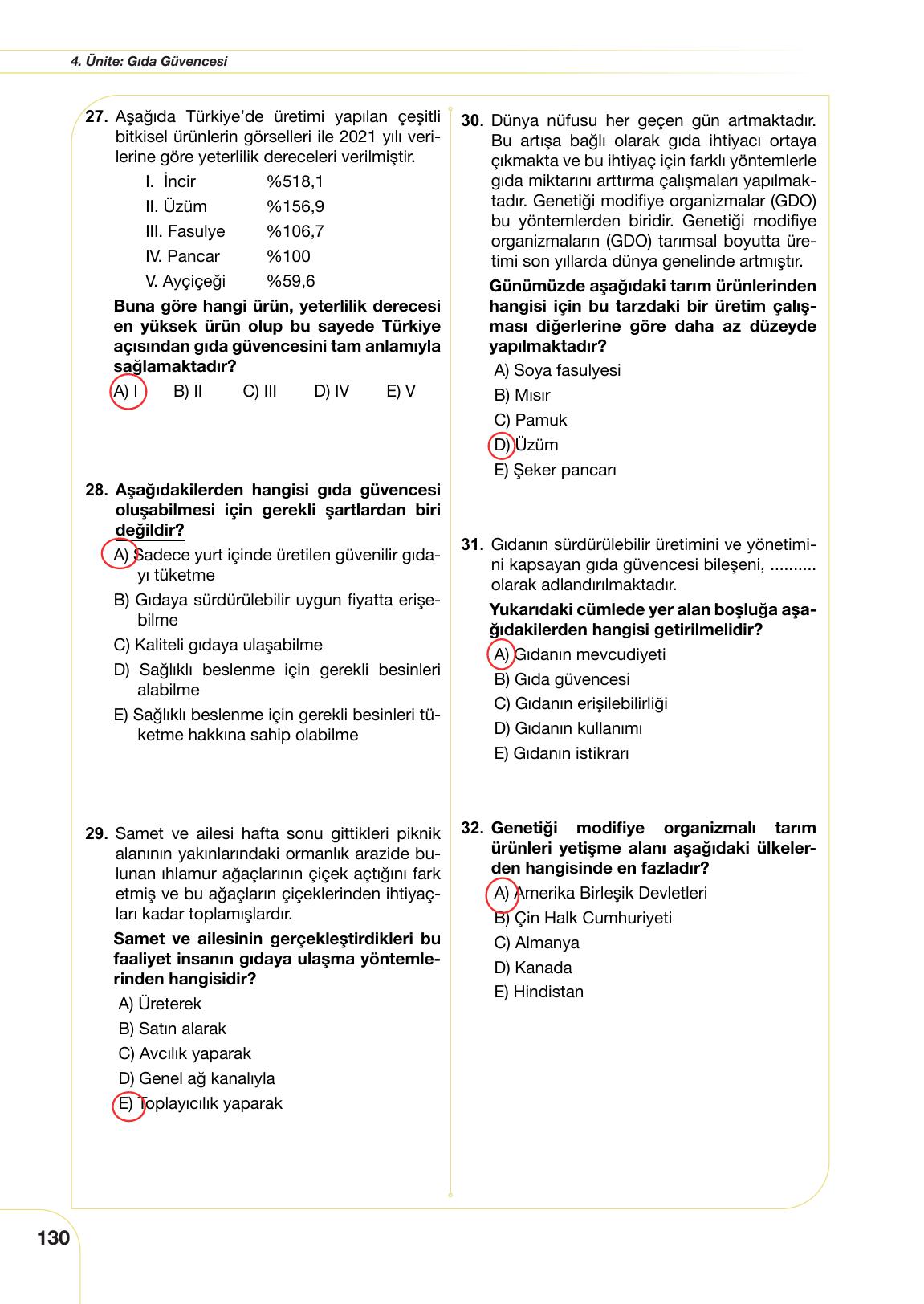 10. Sınıf Meb Yayınları Sürdürülebilir Tarım Ve Gıda Güvenliği Ders Kitabı Sayfa 130 Cevapları