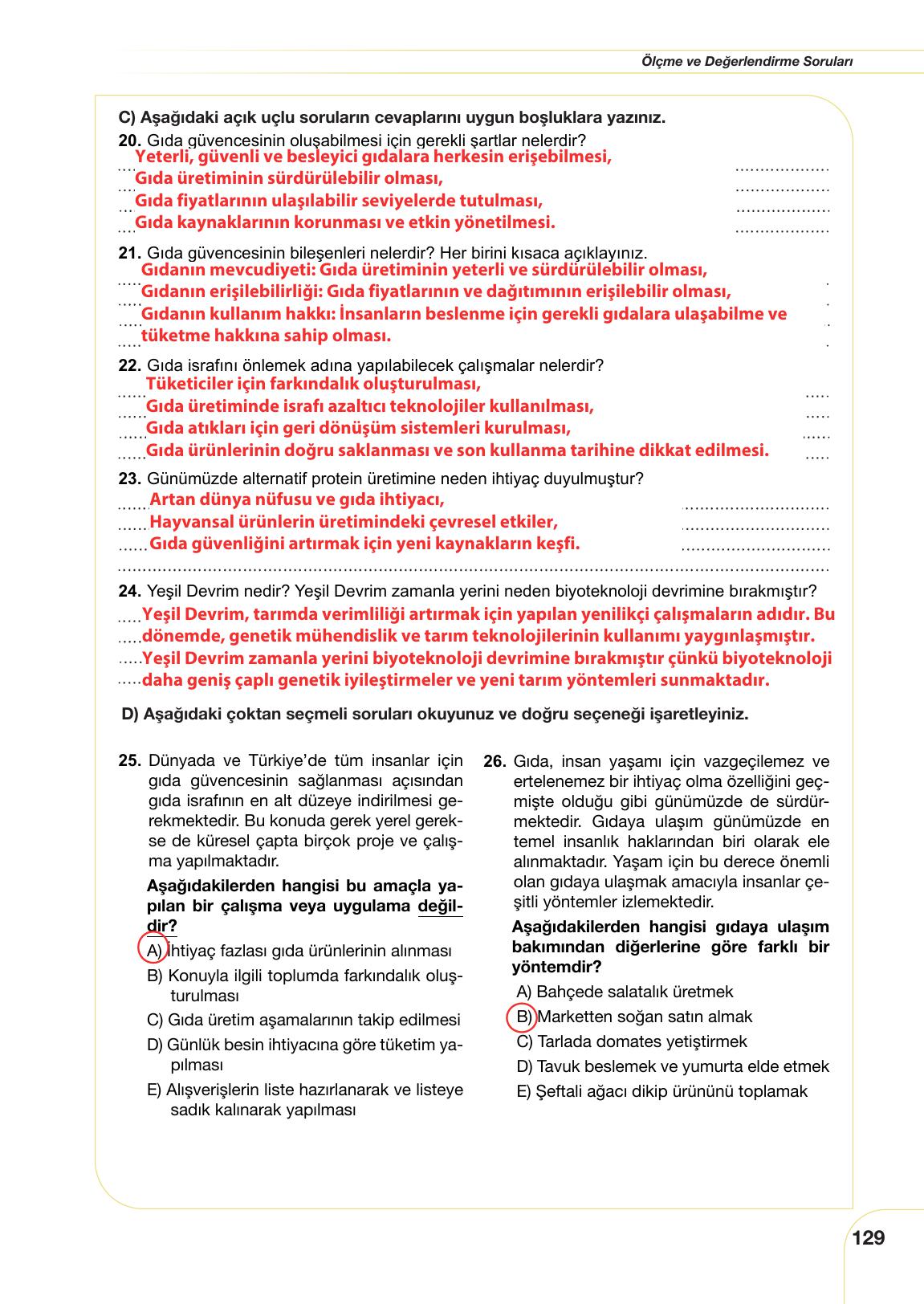 10. Sınıf Meb Yayınları Sürdürülebilir Tarım Ve Gıda Güvenliği Ders Kitabı Sayfa 129 Cevapları