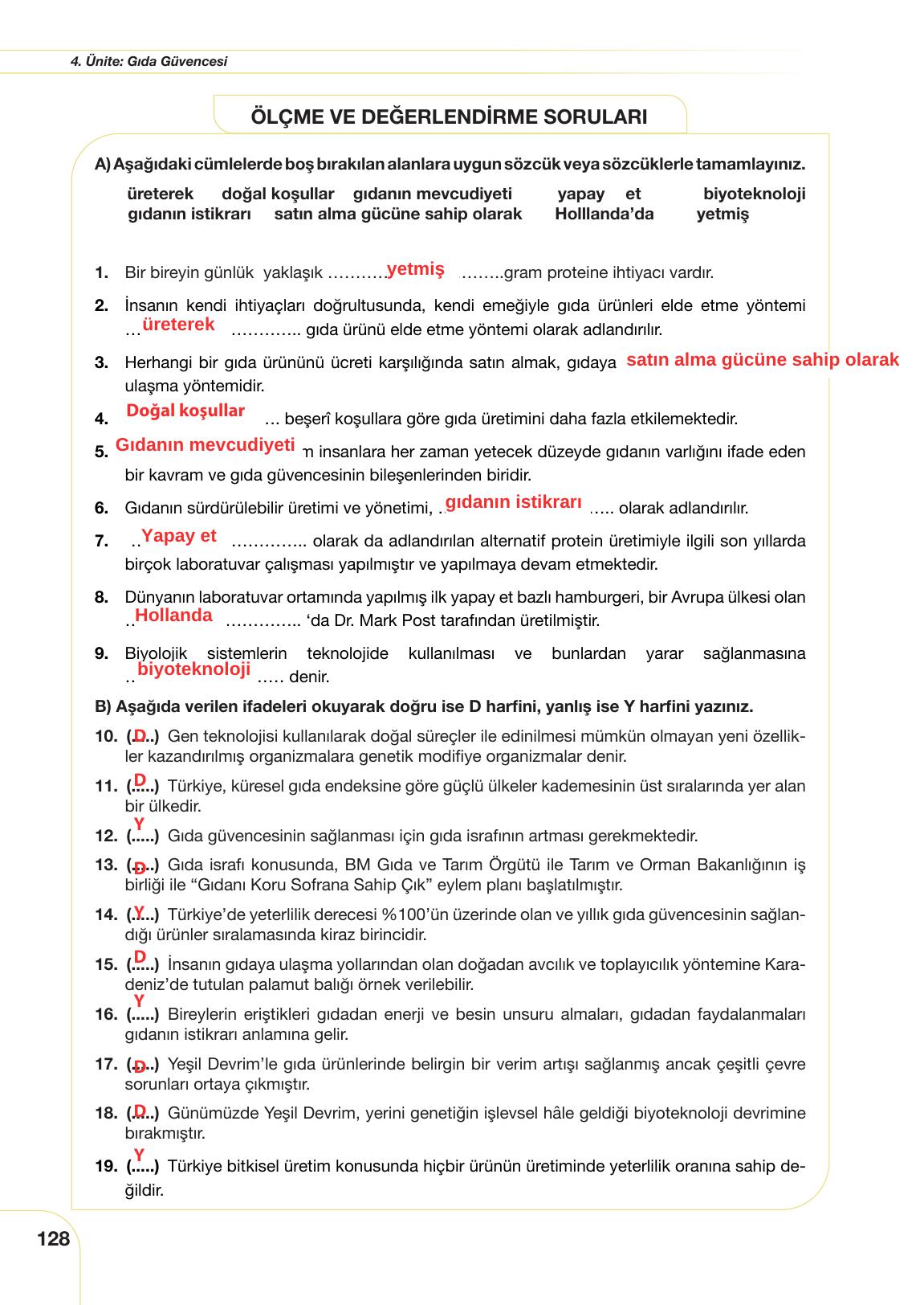 10. Sınıf Meb Yayınları Sürdürülebilir Tarım Ve Gıda Güvenliği Ders Kitabı Sayfa 128 Cevapları