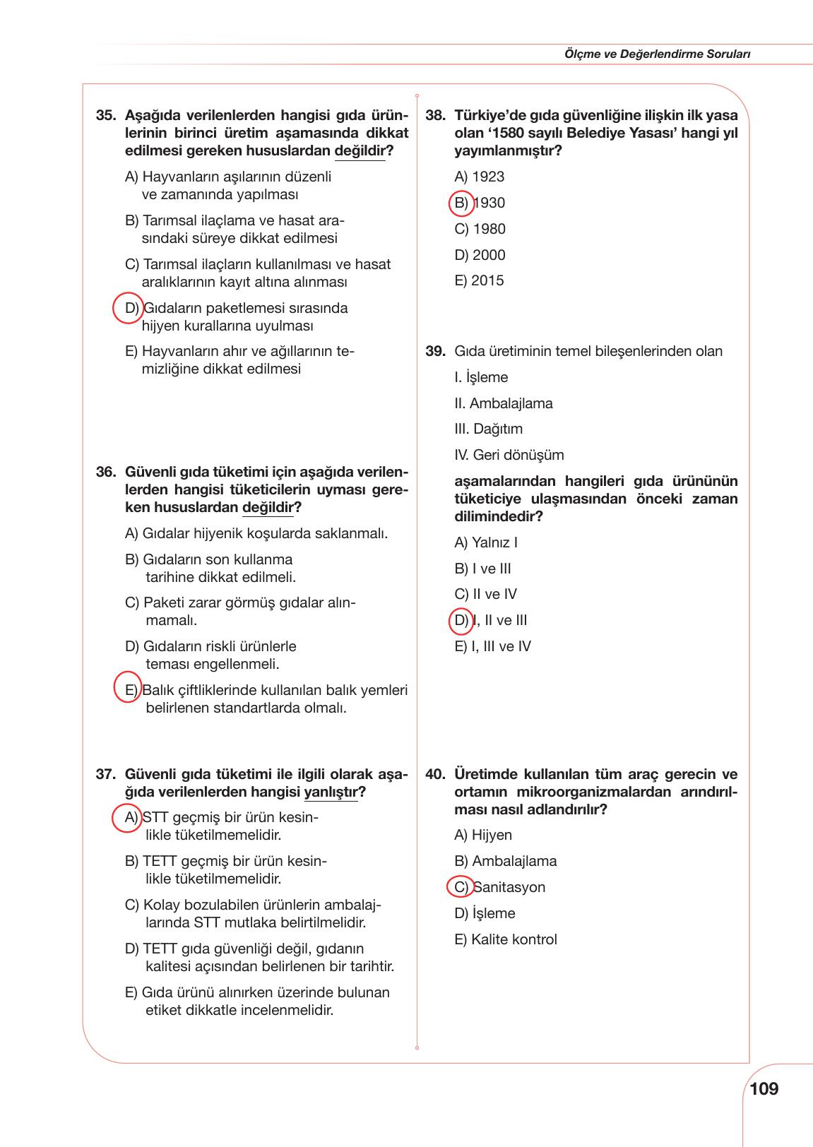 10. Sınıf Meb Yayınları Sürdürülebilir Tarım Ve Gıda Güvenliği Ders Kitabı Sayfa 109 Cevapları