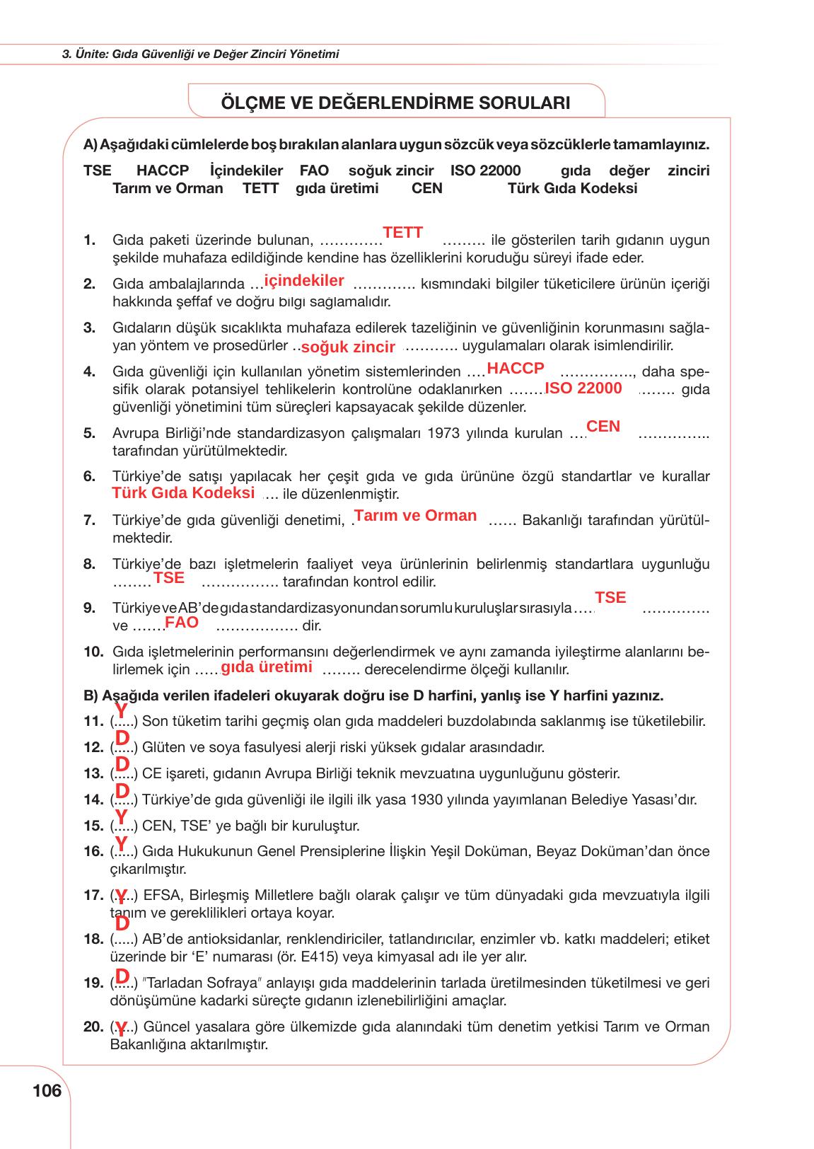 10. Sınıf Meb Yayınları Sürdürülebilir Tarım Ve Gıda Güvenliği Ders Kitabı Sayfa 106 Cevapları