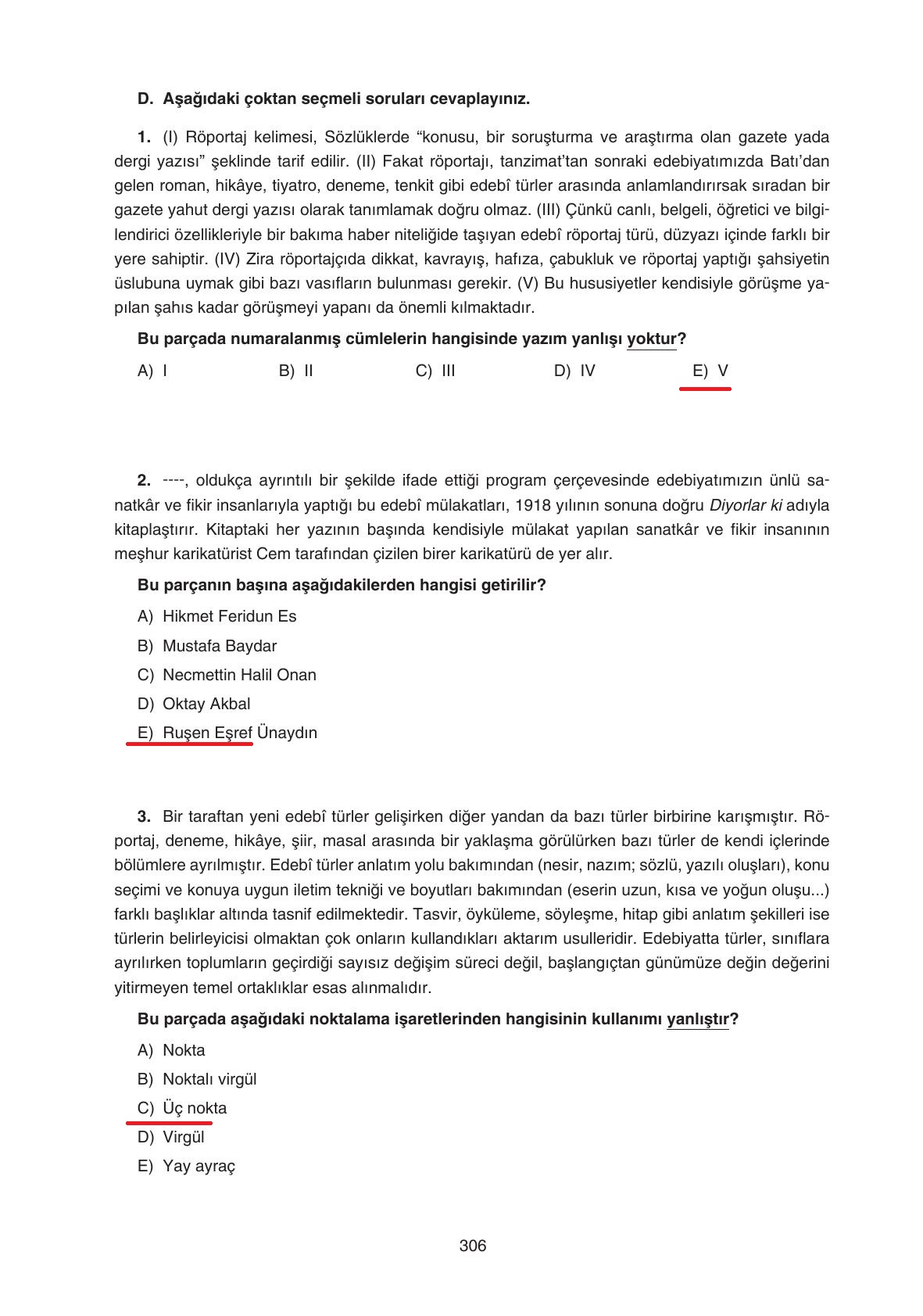 11. Sınıf Gizem Yayınları Türk Dili Ve Edebiyatı Ders Kitabı Sayfa 306 Cevapları