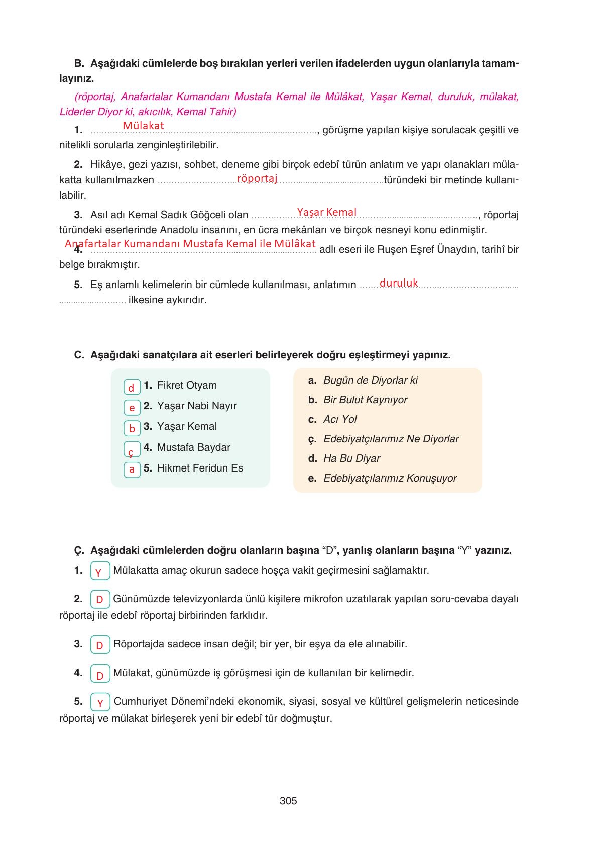 11. Sınıf Gizem Yayınları Türk Dili Ve Edebiyatı Ders Kitabı Sayfa 305 Cevapları