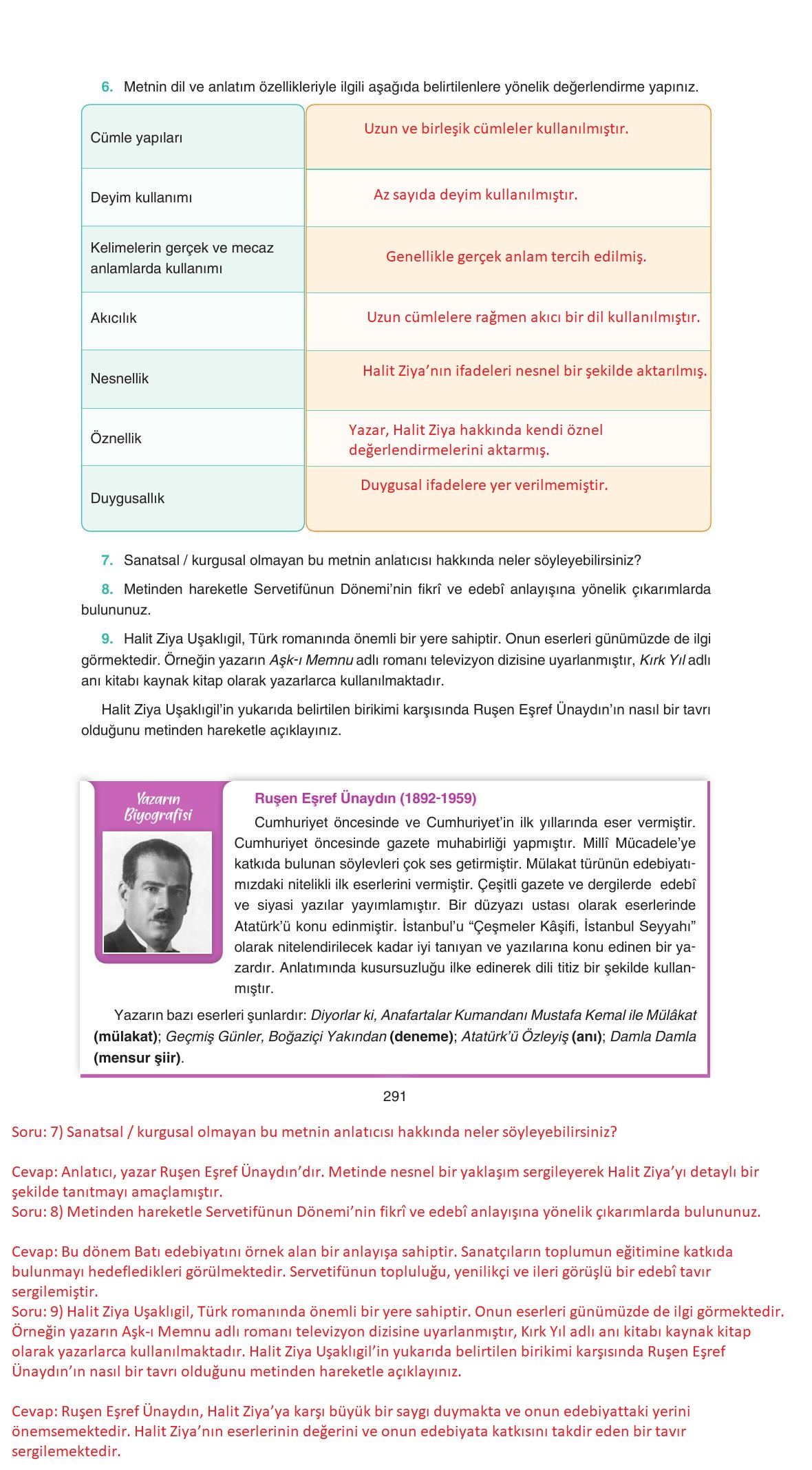 11. Sınıf Gizem Yayınları Türk Dili Ve Edebiyatı Ders Kitabı Sayfa 291 Cevapları