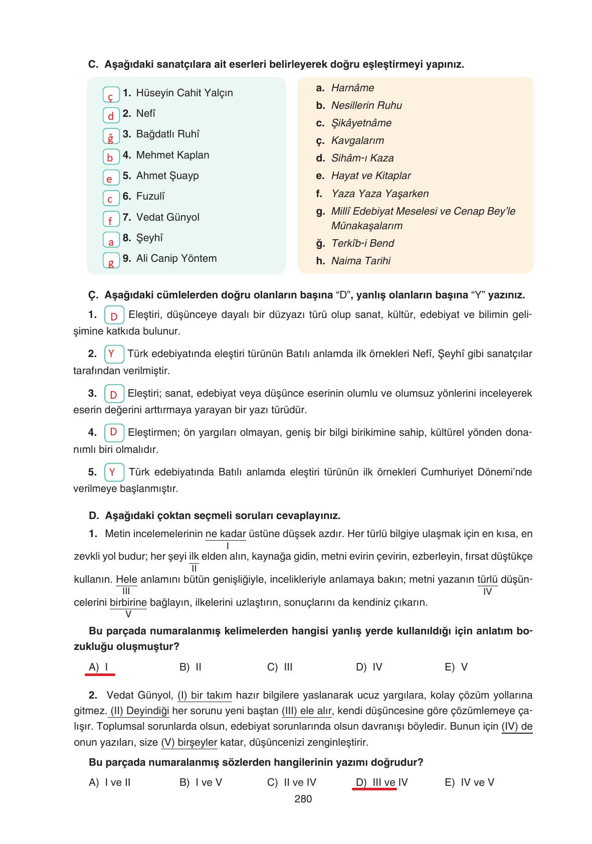 11. Sınıf Gizem Yayınları Türk Dili Ve Edebiyatı Ders Kitabı Sayfa 280 Cevapları