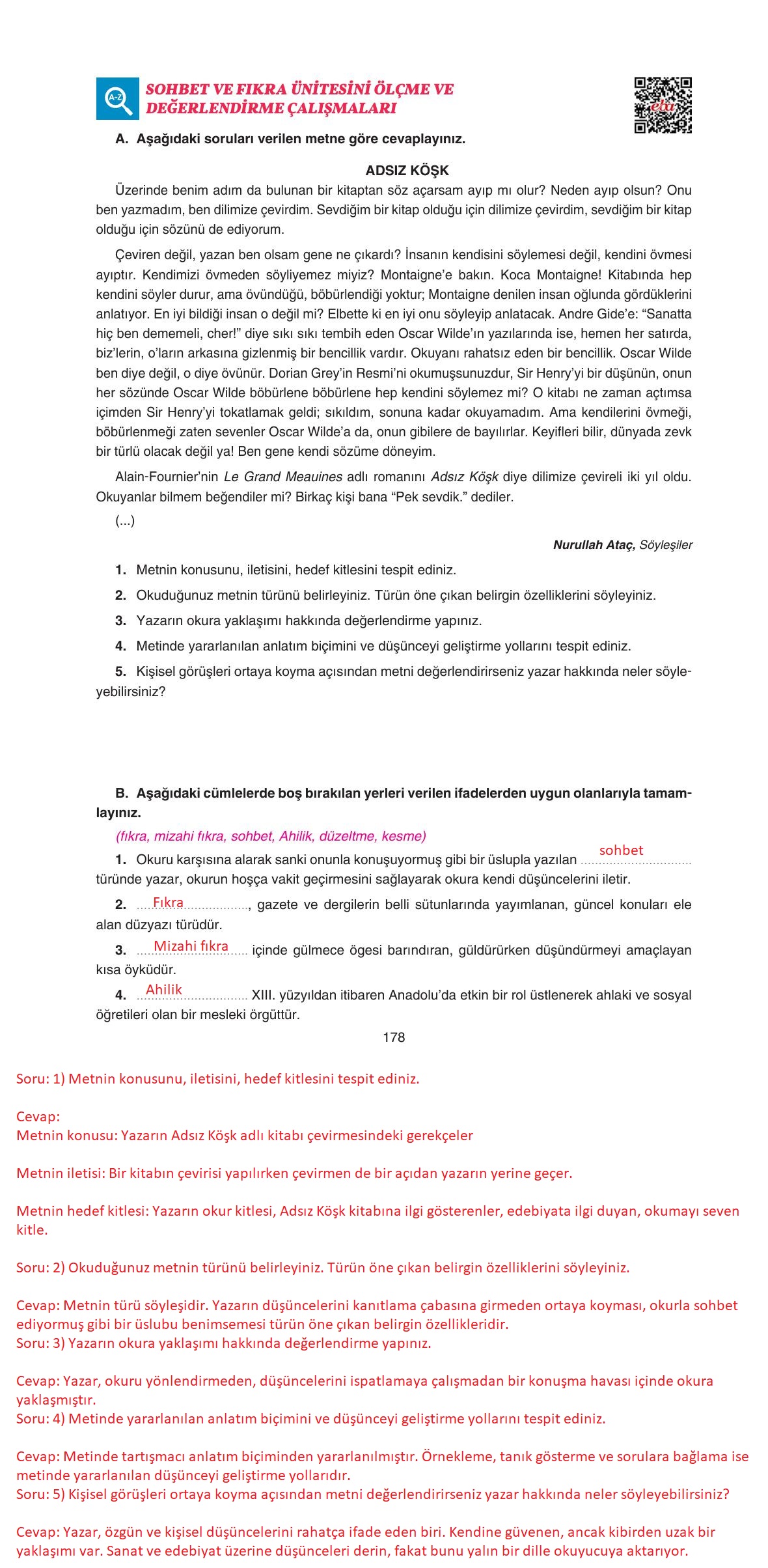 11. Sınıf Gizem Yayınları Türk Dili Ve Edebiyatı Ders Kitabı Sayfa 178 Cevapları