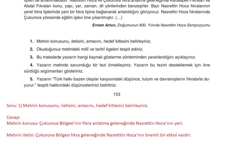 11. Sınıf Gizem Yayınları Türk Dili Ve Edebiyatı Ders Kitabı Sayfa 153 Cevapları