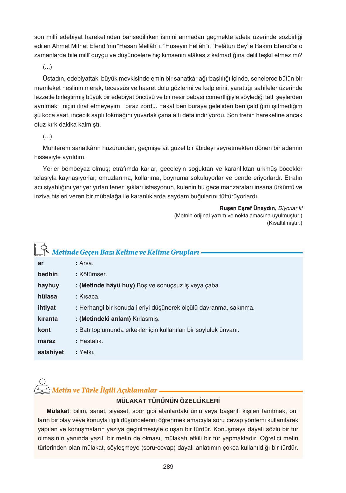 11. Sınıf Gizem Yayınları Türk Dili Ve Edebiyatı Ders Kitabı Sayfa 289 Cevapları