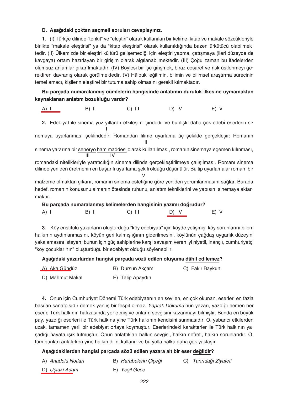 11. Sınıf Gizem Yayınları Türk Dili Ve Edebiyatı Ders Kitabı Sayfa 222 Cevapları