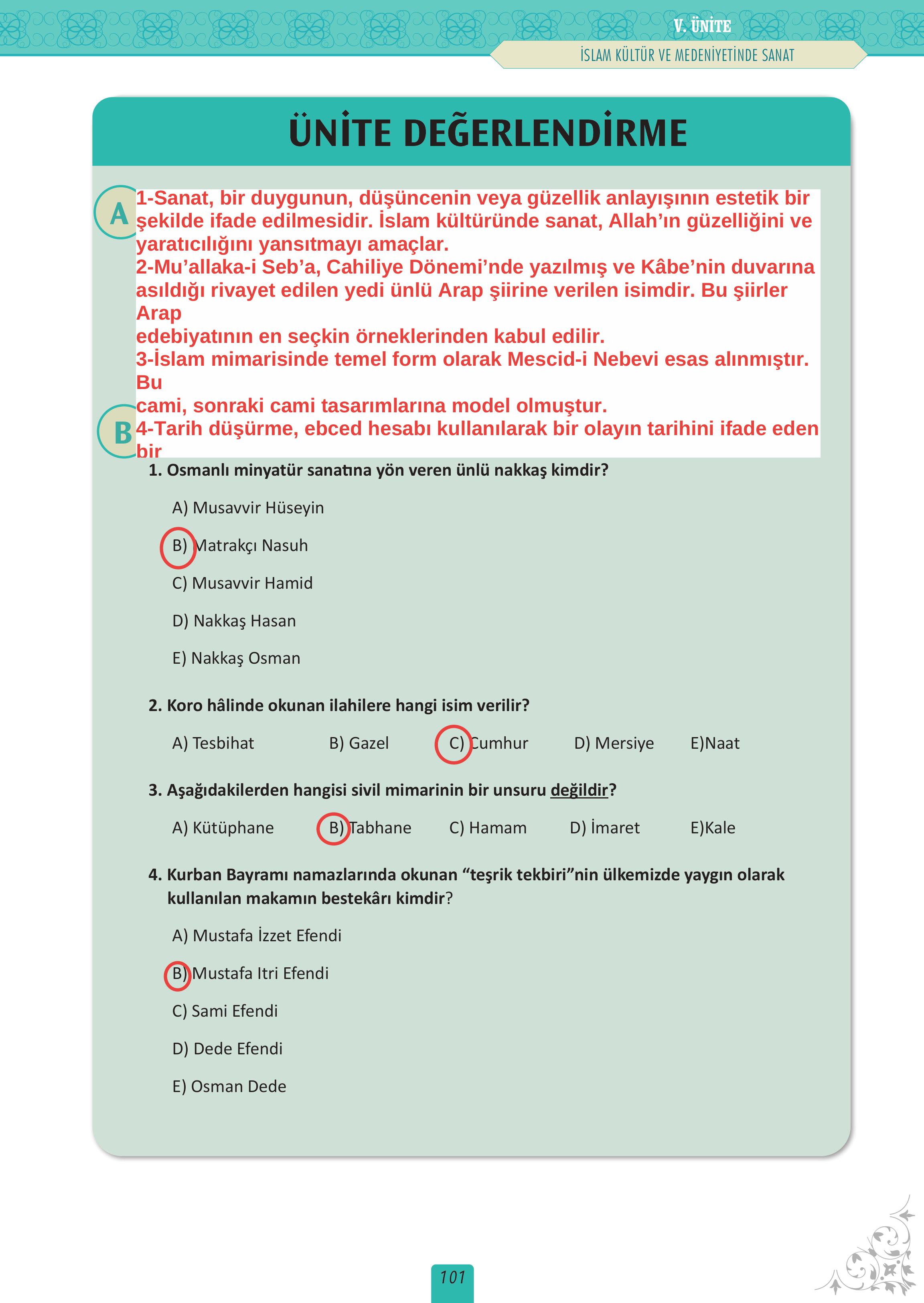 12. Sınıf Meb Yayınları İslam Kültür Ve Medeniyeti Ders Kitabı Sayfa 101 Cevapları