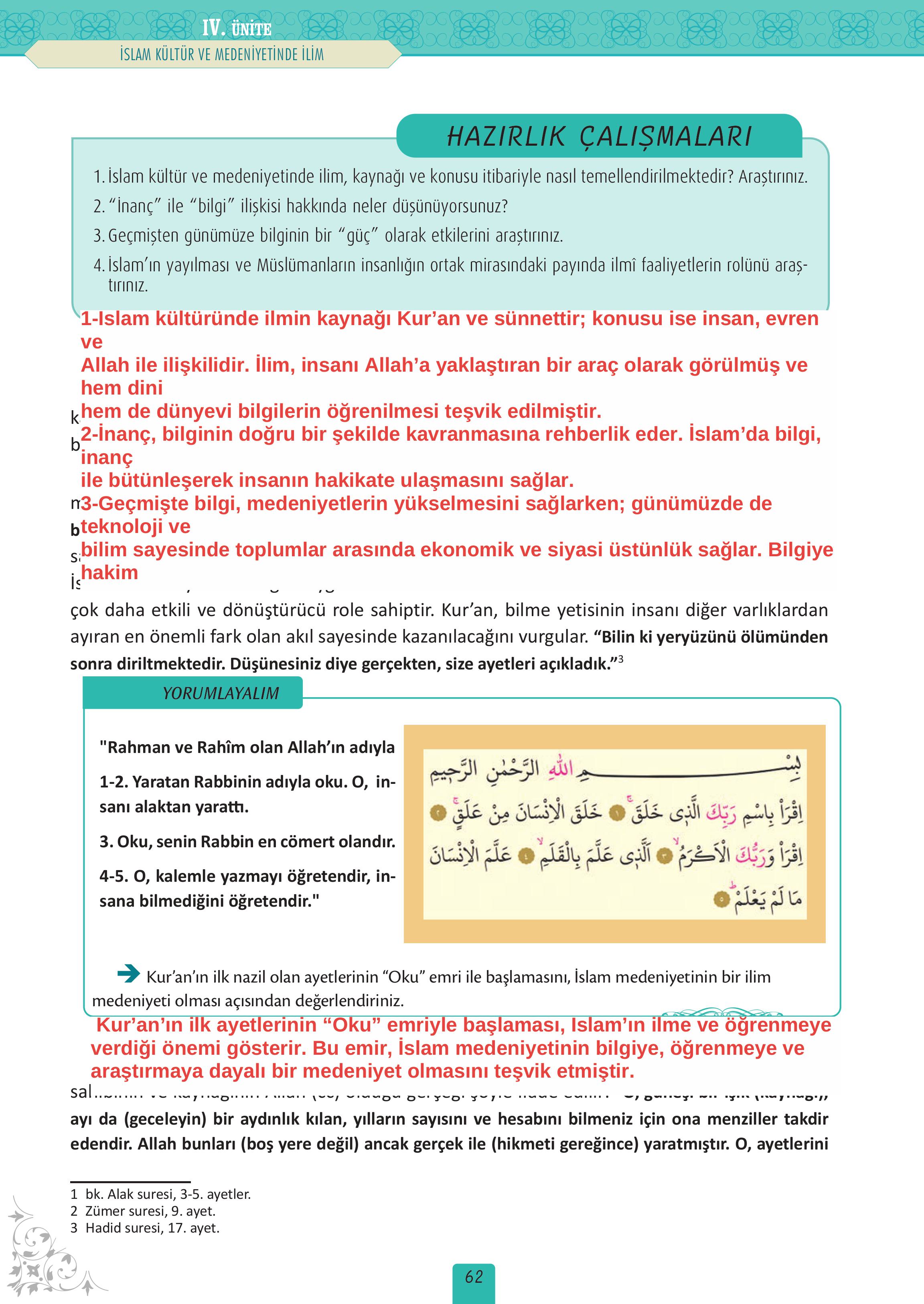 12. Sınıf Meb Yayınları İslam Kültür Ve Medeniyeti Ders Kitabı Sayfa 62 Cevapları