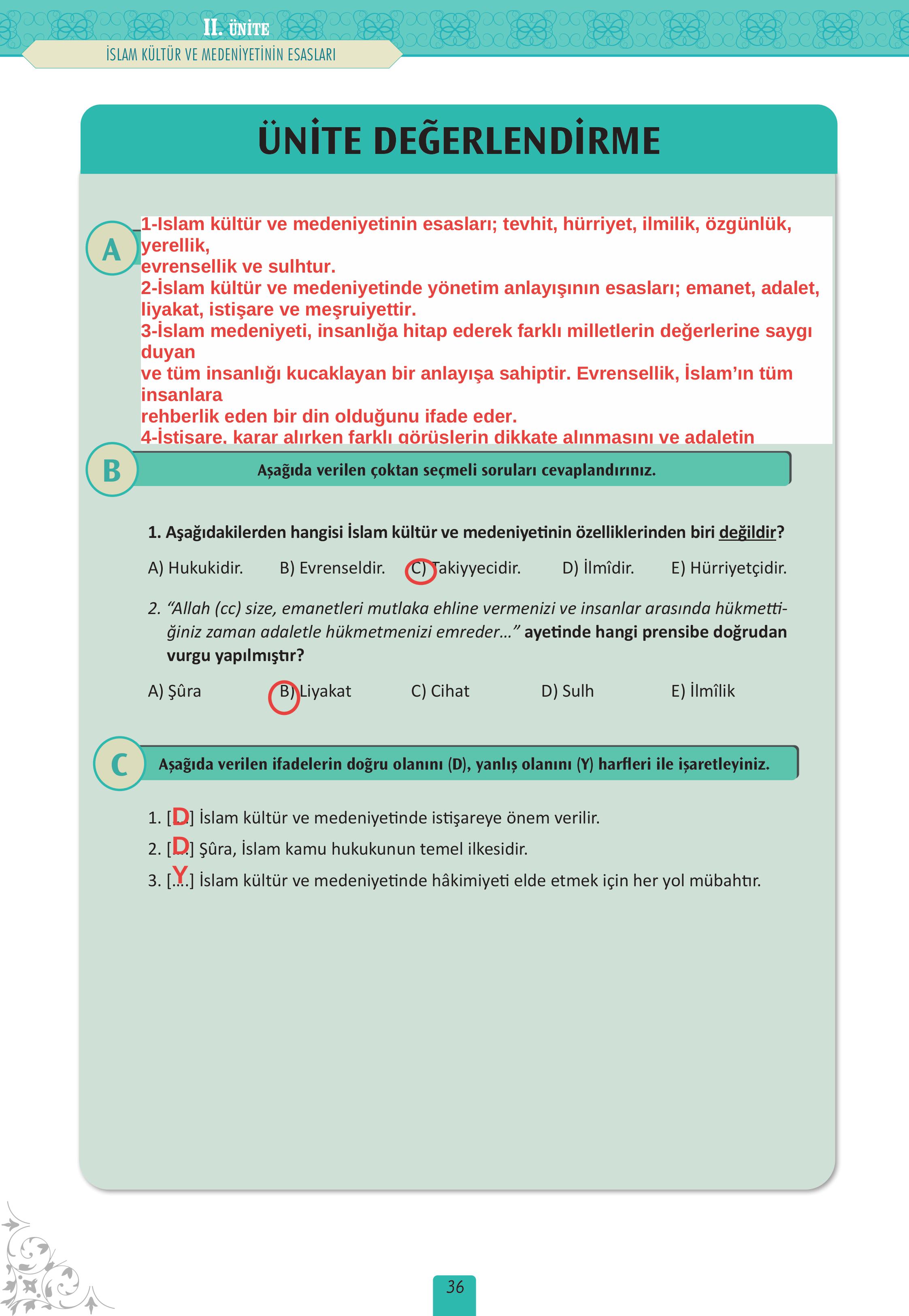 12. Sınıf Meb Yayınları İslam Kültür Ve Medeniyeti Ders Kitabı Sayfa 36 Cevapları