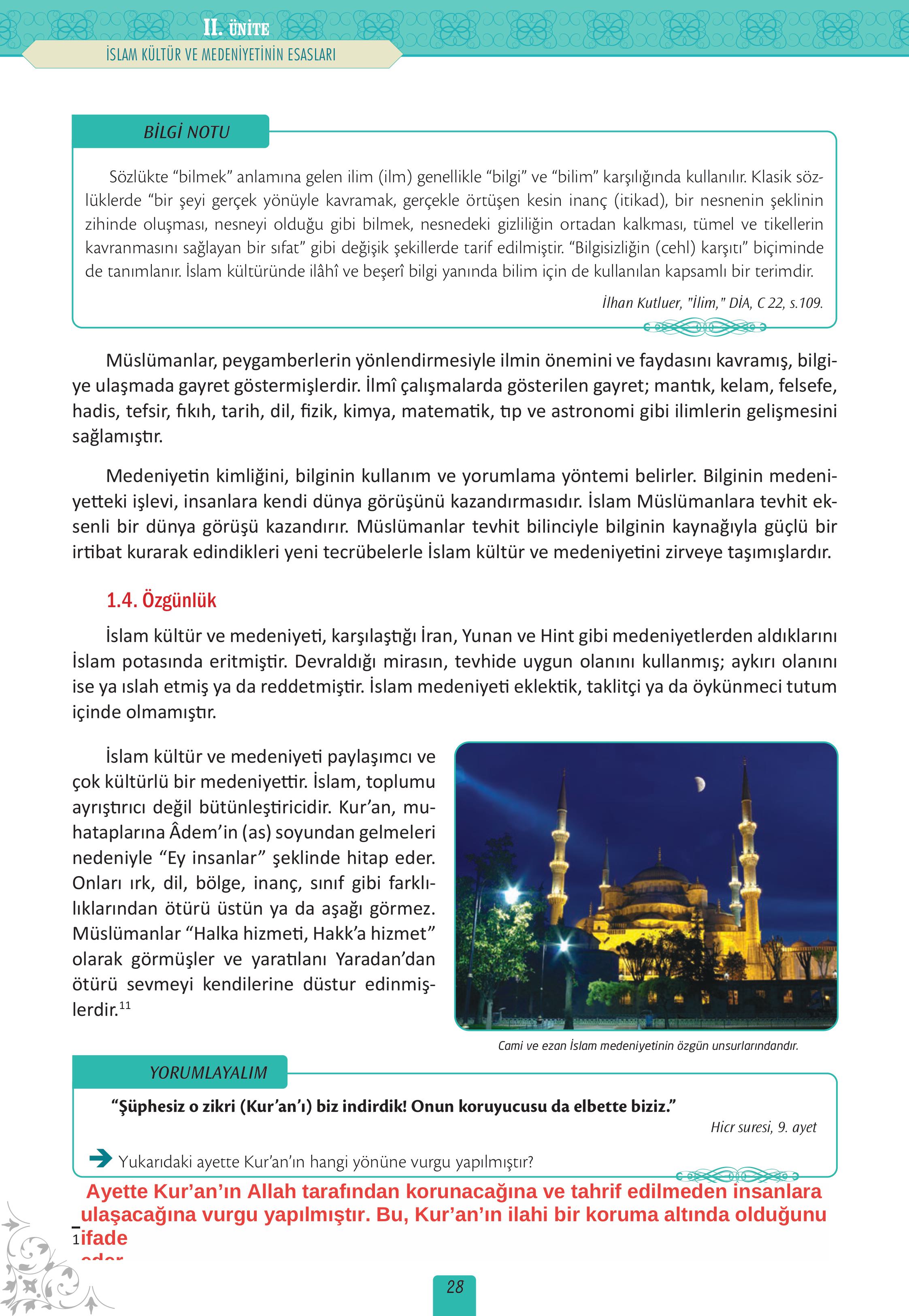 12. Sınıf Meb Yayınları İslam Kültür Ve Medeniyeti Ders Kitabı Sayfa 28 Cevapları