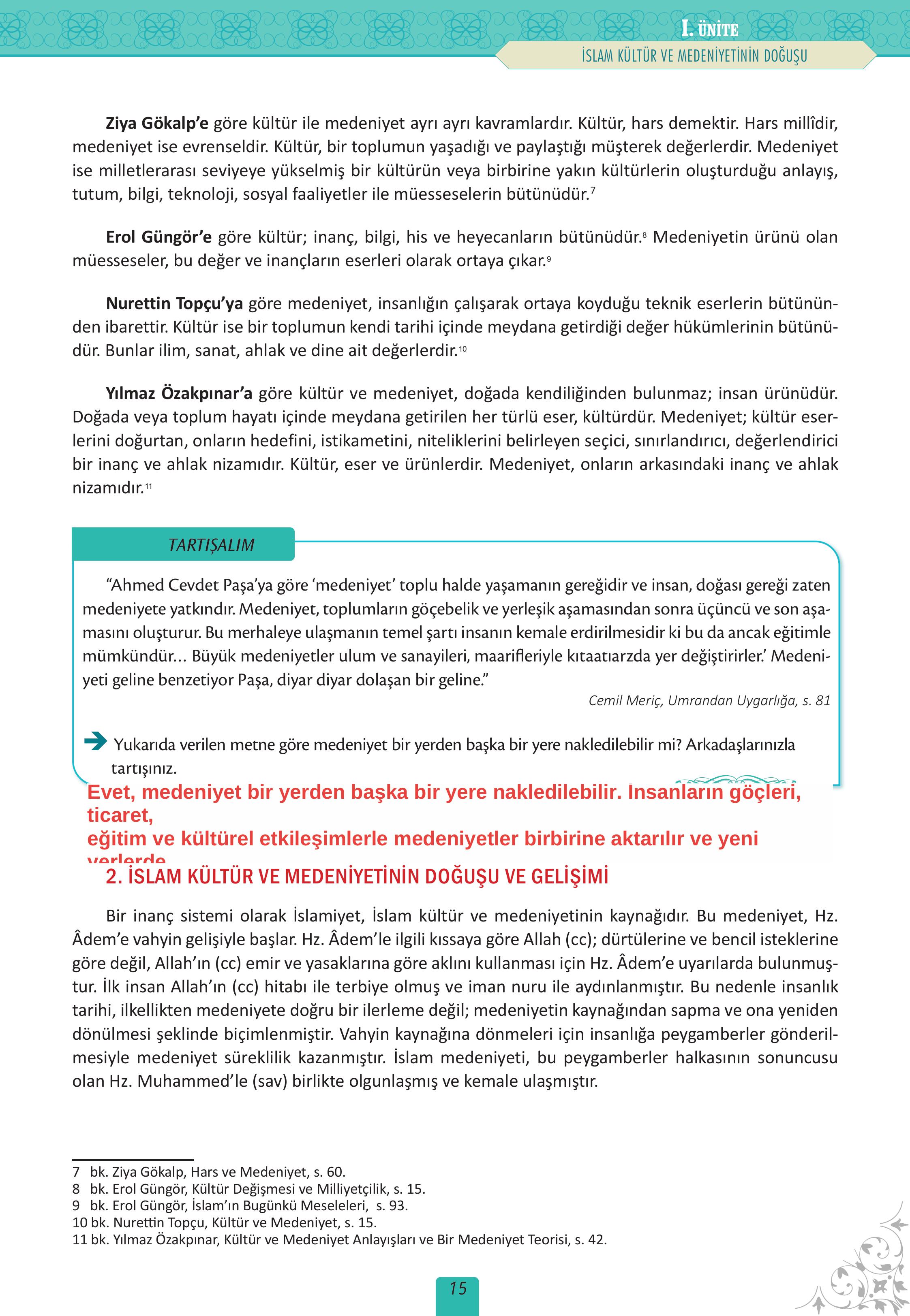 12. Sınıf Meb Yayınları İslam Kültür Ve Medeniyeti Ders Kitabı Sayfa 15 Cevapları