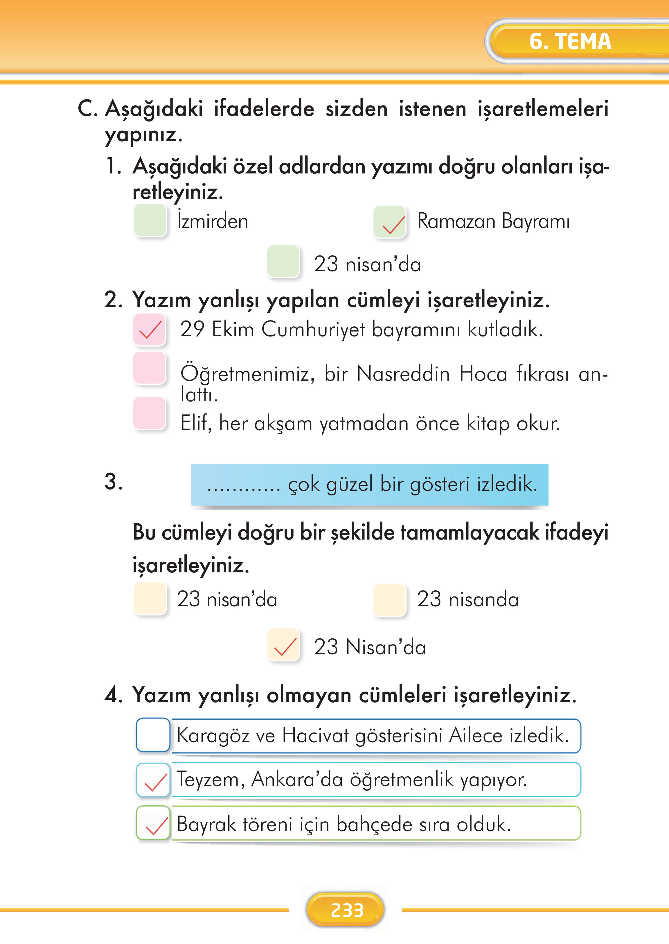 2. Sınıf İlke Yayınları Türkçe Ders Kitabı Sayfa 233 Cevapları