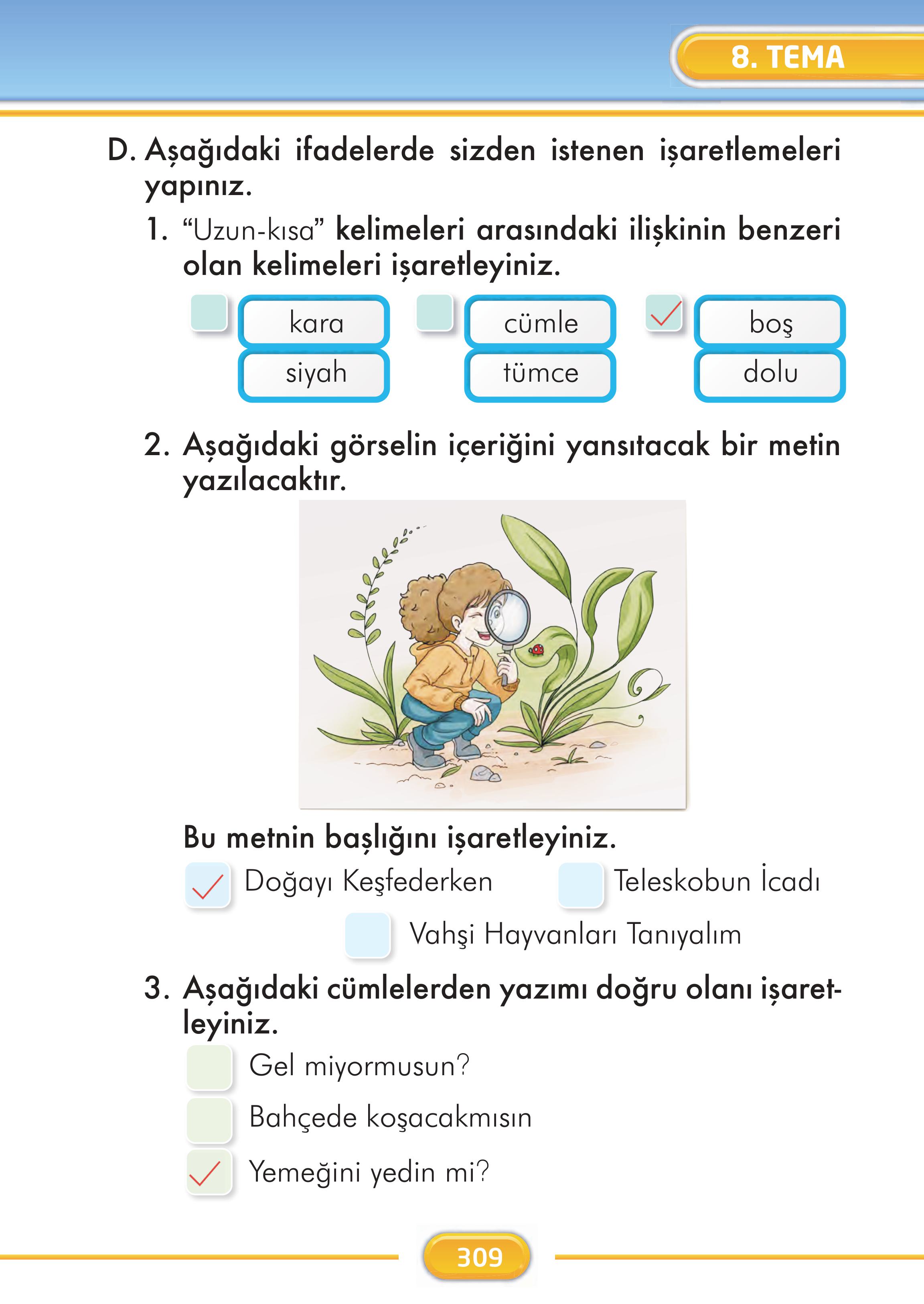 2. Sınıf İlke Yayınları Türkçe Ders Kitabı Sayfa 309 Cevapları