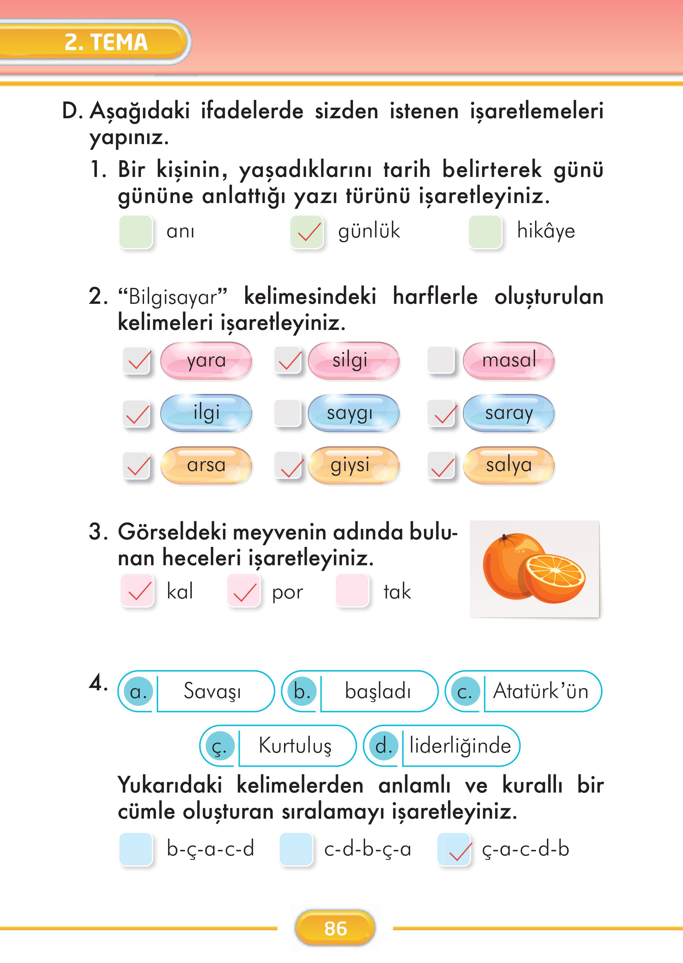 2. Sınıf İlke Yayınları Türkçe Ders Kitabı Sayfa 86 Cevapları