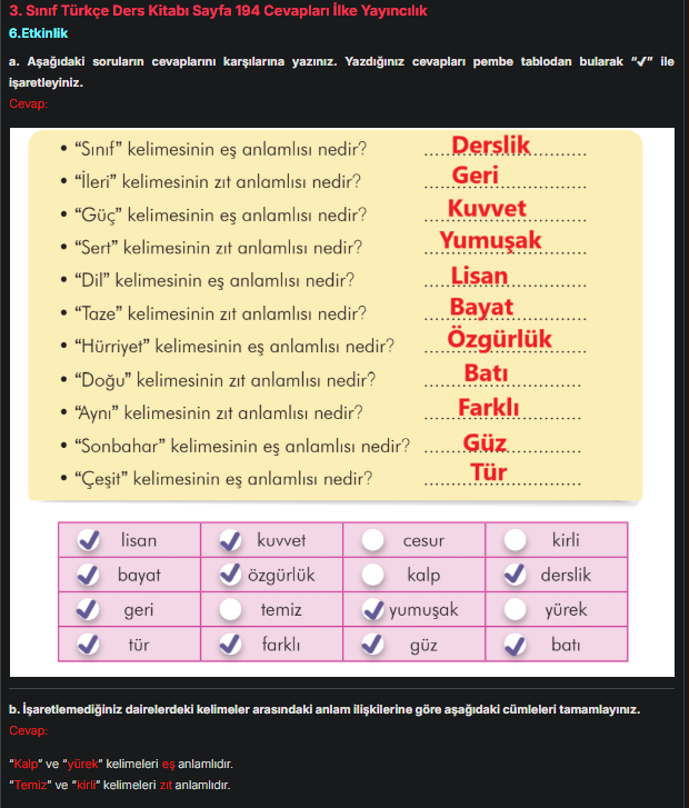 3. Sınıf İlke Yayınları Türkçe Ders Kitabı Sayfa 194 Cevapları