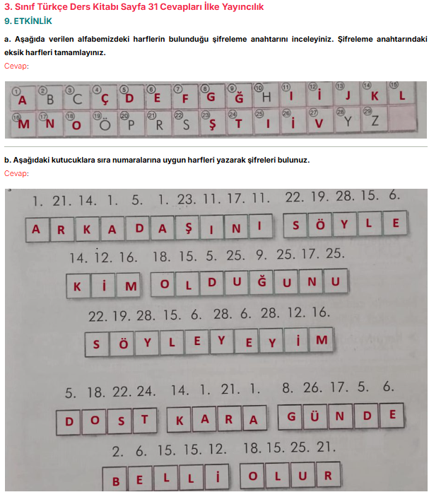 3. Sınıf İlke Yayınları Türkçe Ders Kitabı Sayfa 31 Cevapları