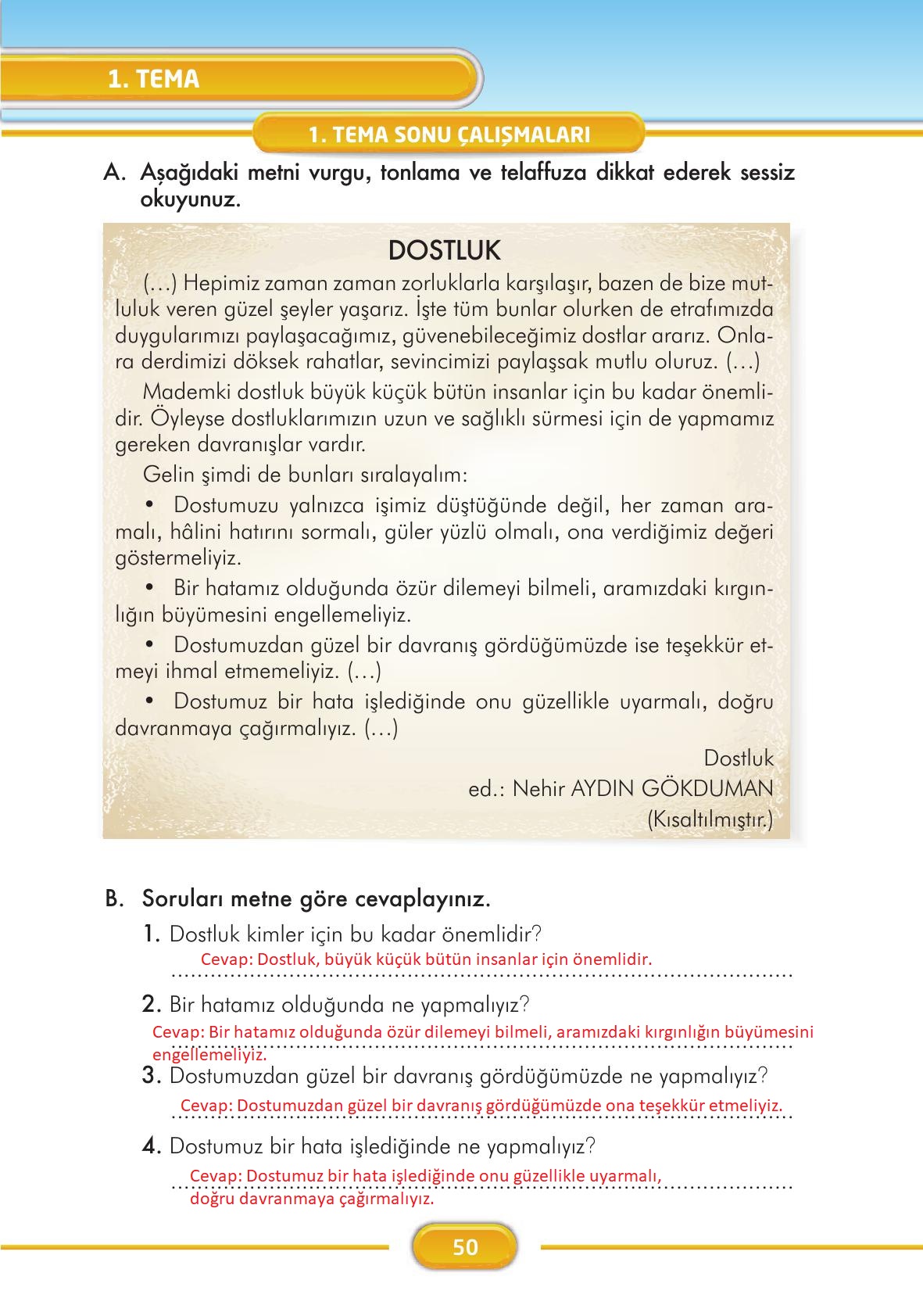 3. Sınıf İlke Yayınları Türkçe Ders Kitabı Sayfa 50 Cevapları