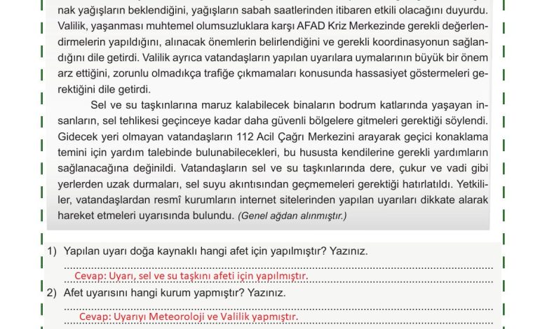 5. Sınıf Meb Yayınları Afet Bilinci Ders Kitabı Sayfa 110 Cevapları