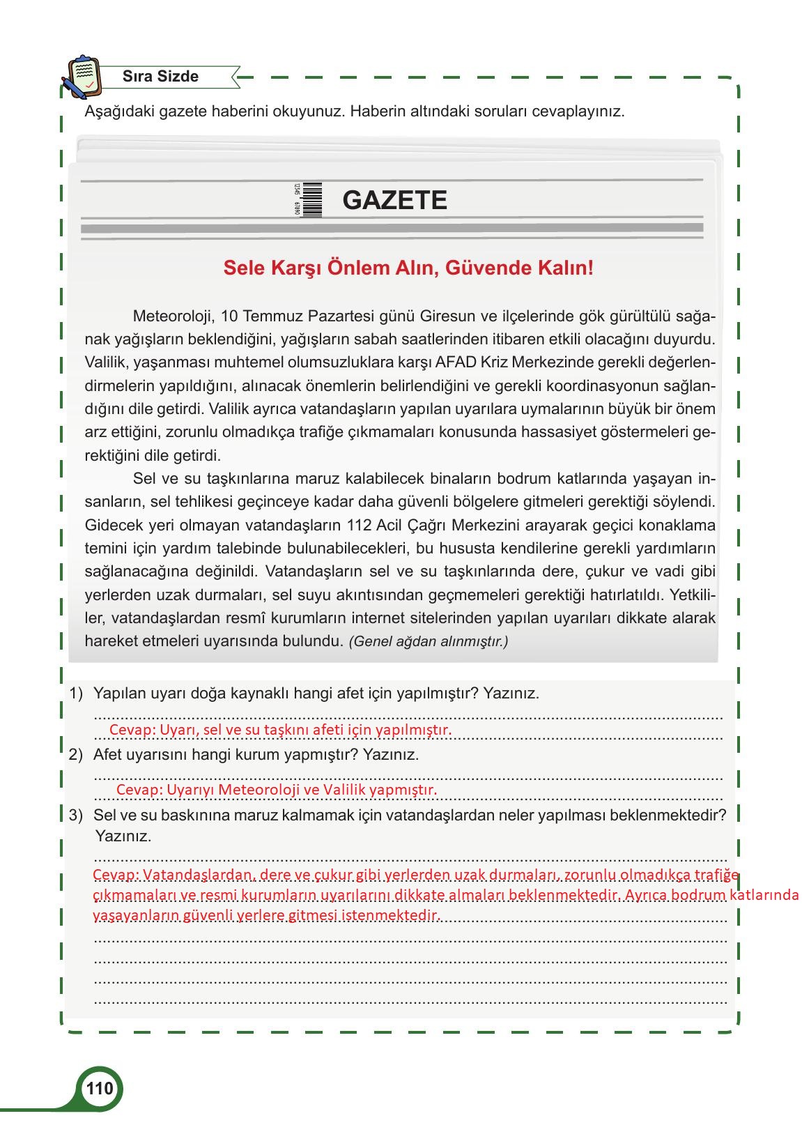 5. Sınıf Meb Yayınları Afet Bilinci Ders Kitabı Sayfa 110 Cevapları